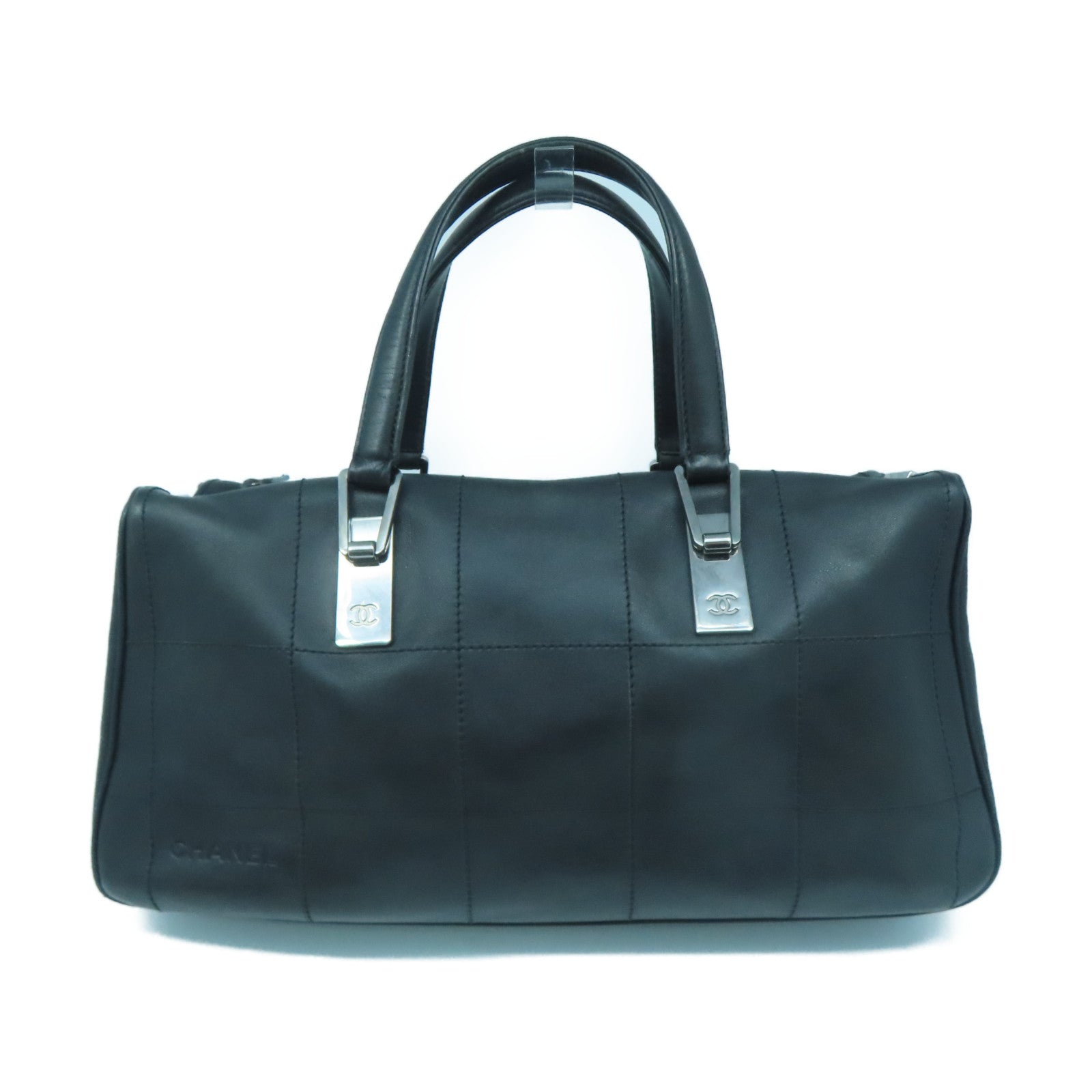 CHANEL cowhide leather Handbag silver buckle handle bag black