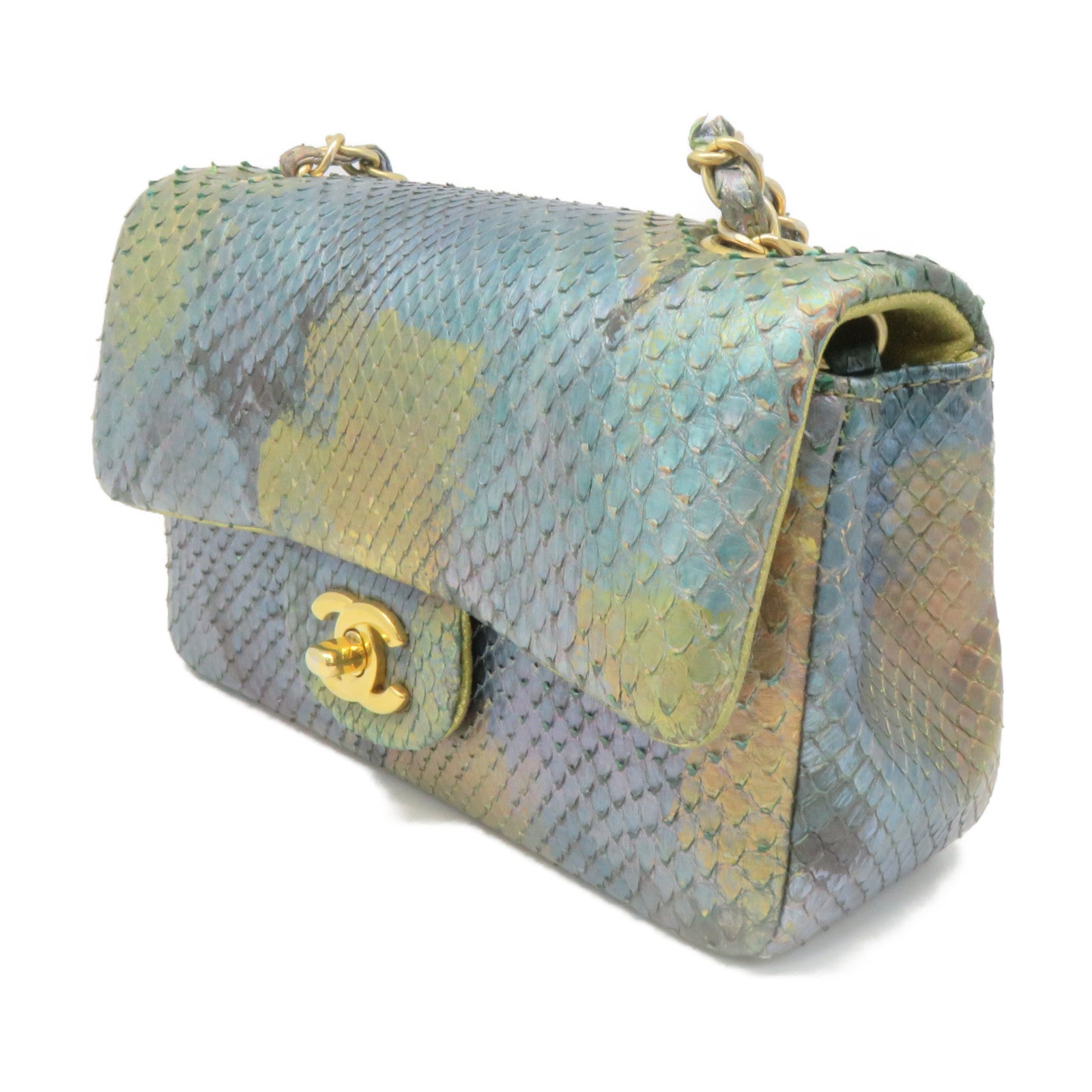 CHANEL 【激減優惠】蛇皮皮革Chain Shoulder Bag金扣鏈帶肩背袋藍色/金色