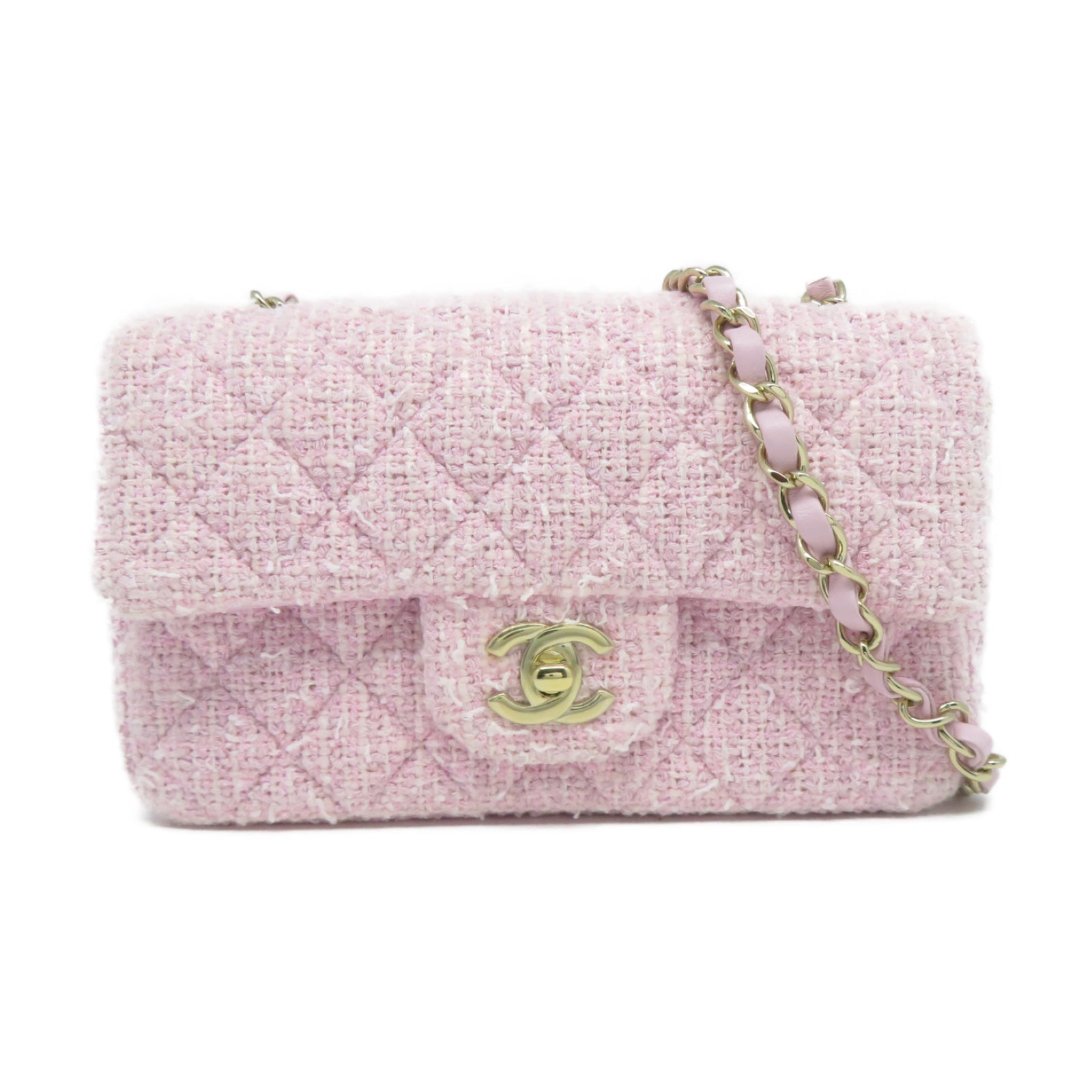 CHANEL 菱格粗花呢Classic 20cm金扣鏈帶肩背袋粉紅色