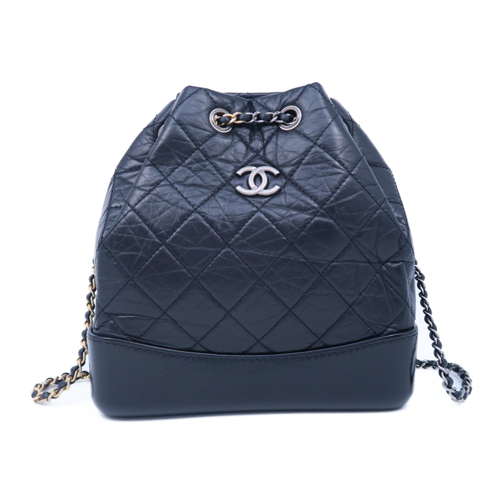 CHANEL 菱格牛皮皮革Gabrielle Backpack银扣链带背包黑色