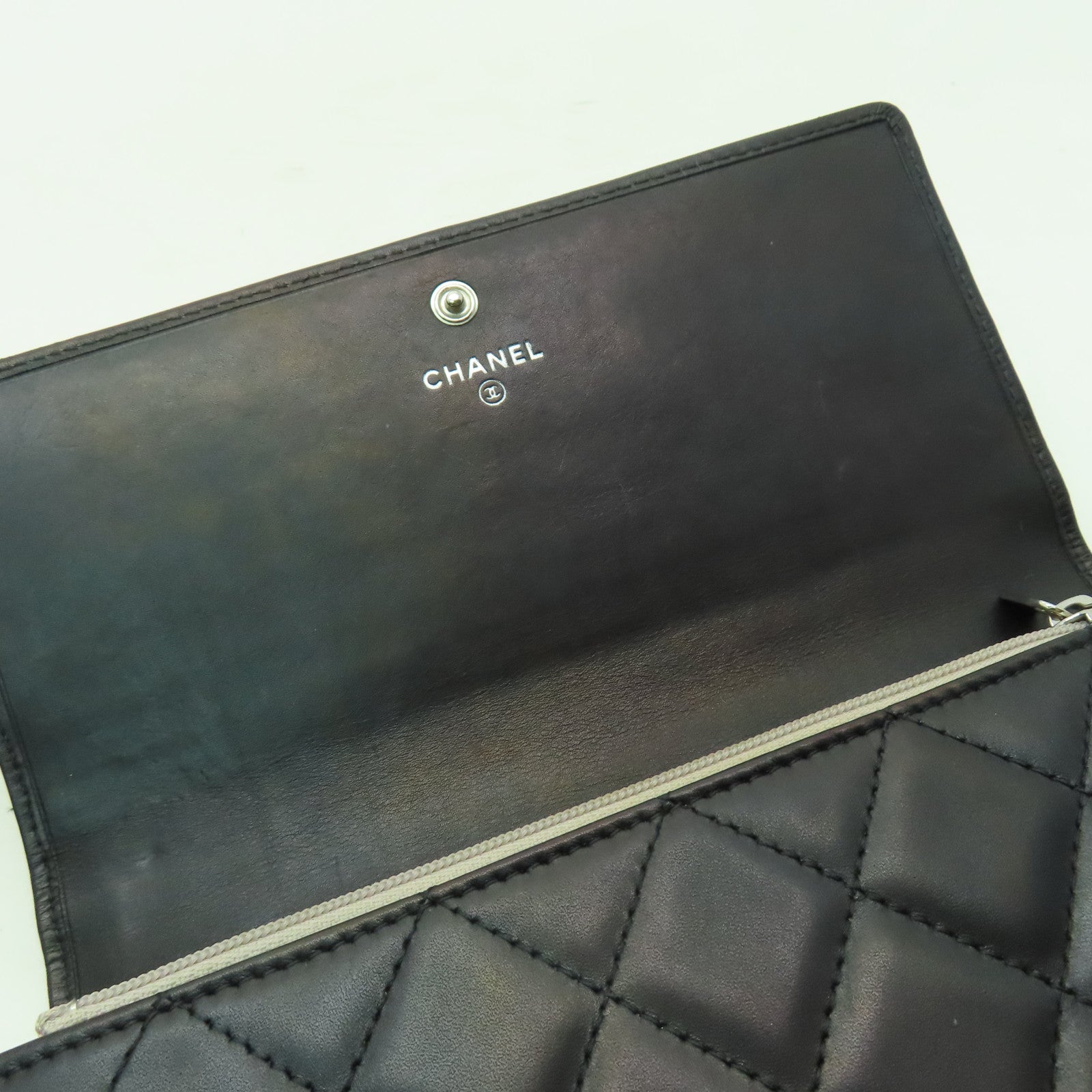 CHANEL 菱格羊皮皮革Wallet銀扣長錢包黑色