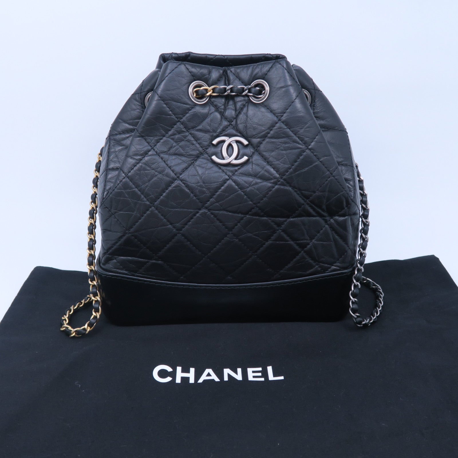 CHANEL 菱格牛皮皮革Gabrielle Backpack银扣链带背包黑色