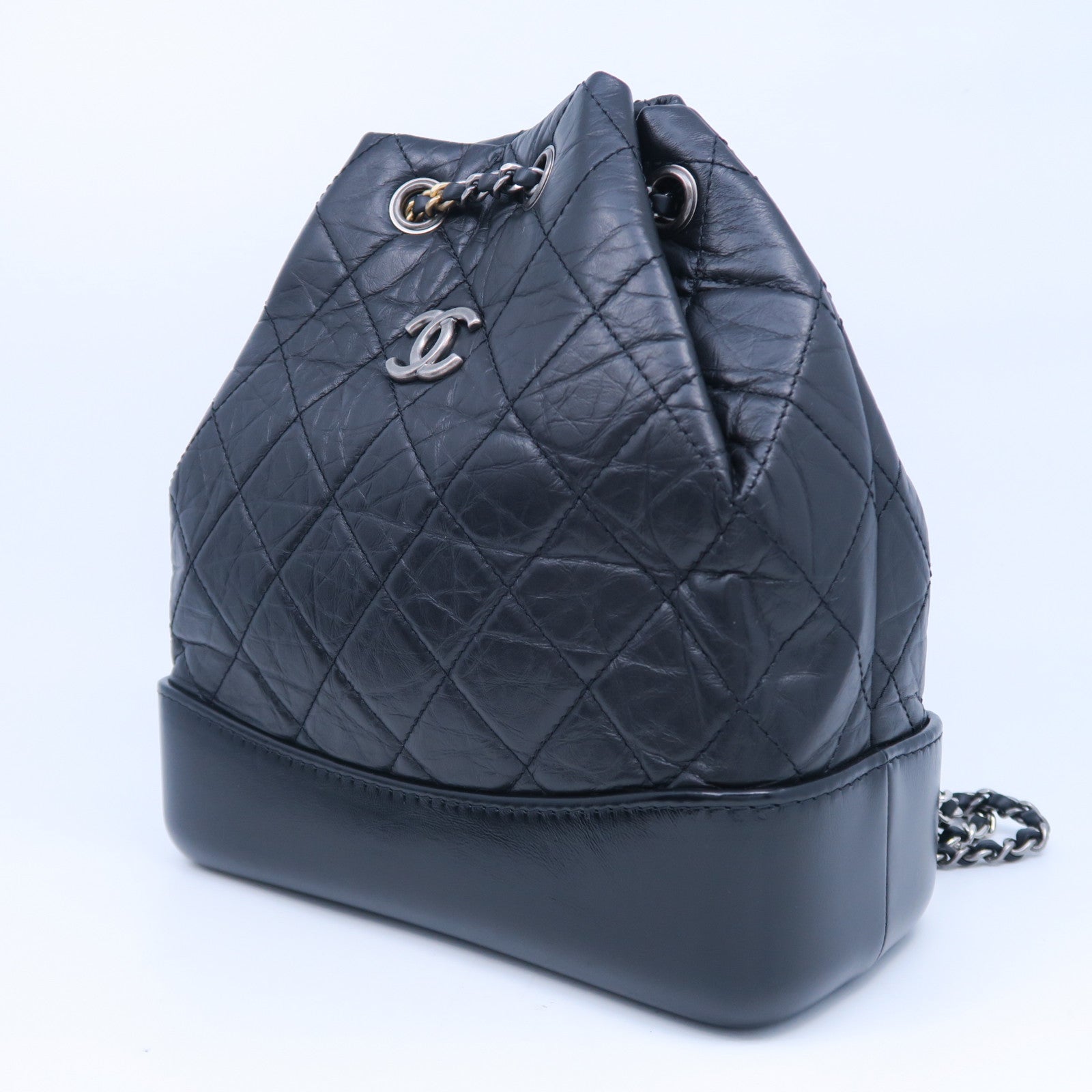 CHANEL 菱格牛皮皮革Gabrielle Backpack银扣链带背包黑色