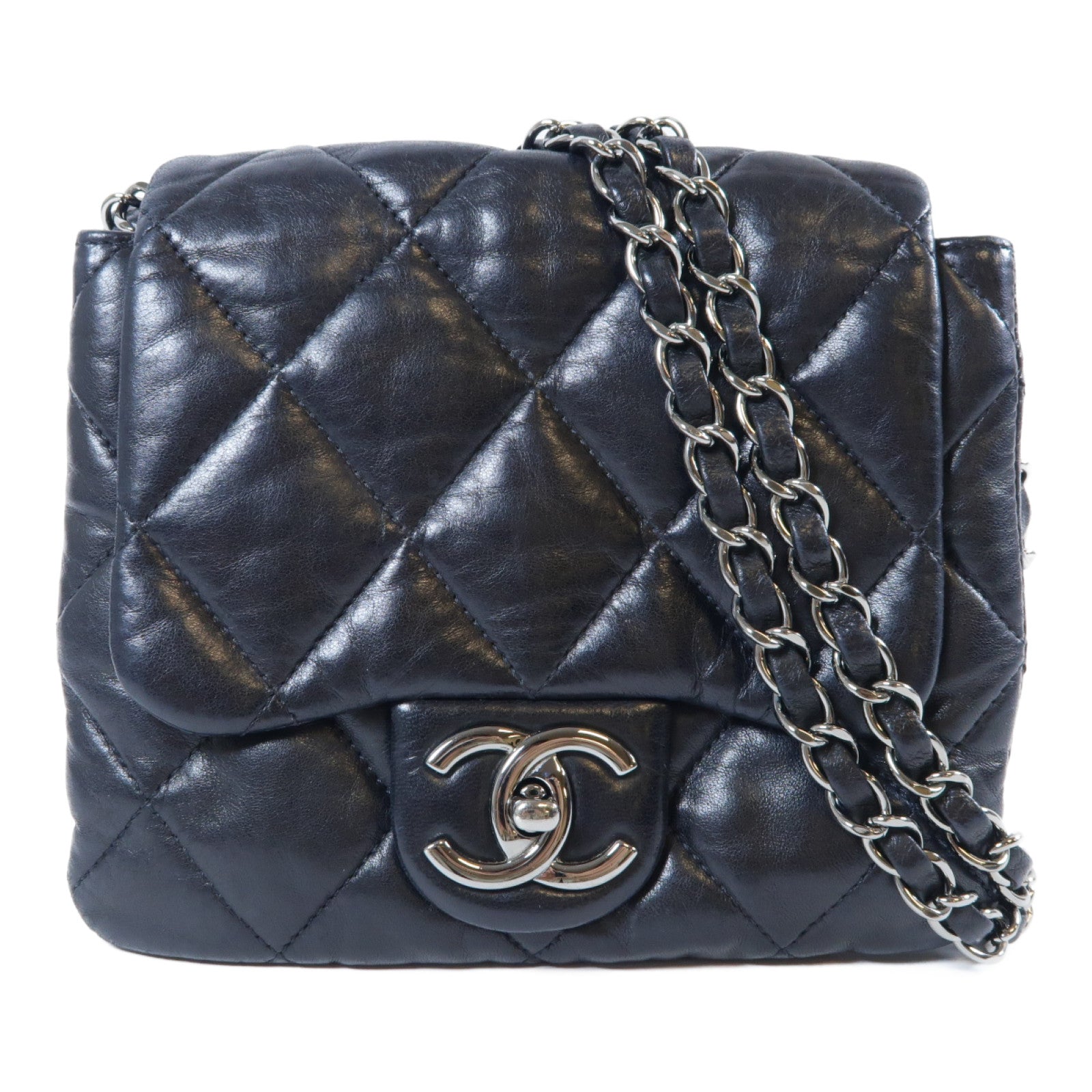 CHANEL 菱格牛皮皮革Chain Shoulder Bag銀扣鏈帶肩背袋黑色