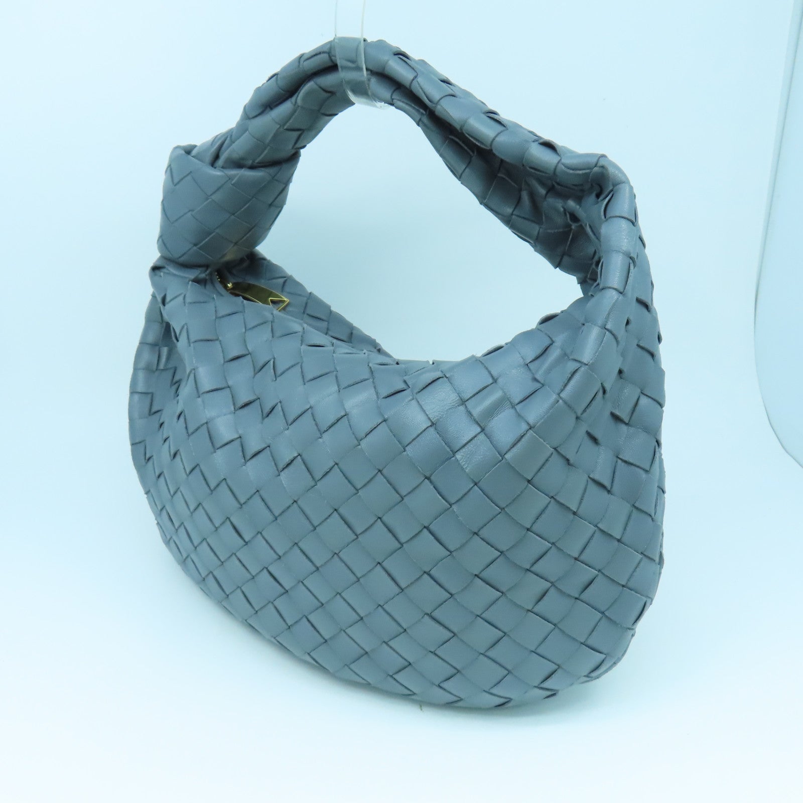BOTTEGA VENETA Textured Leather Shoulder Bag Gold Buckle Gray