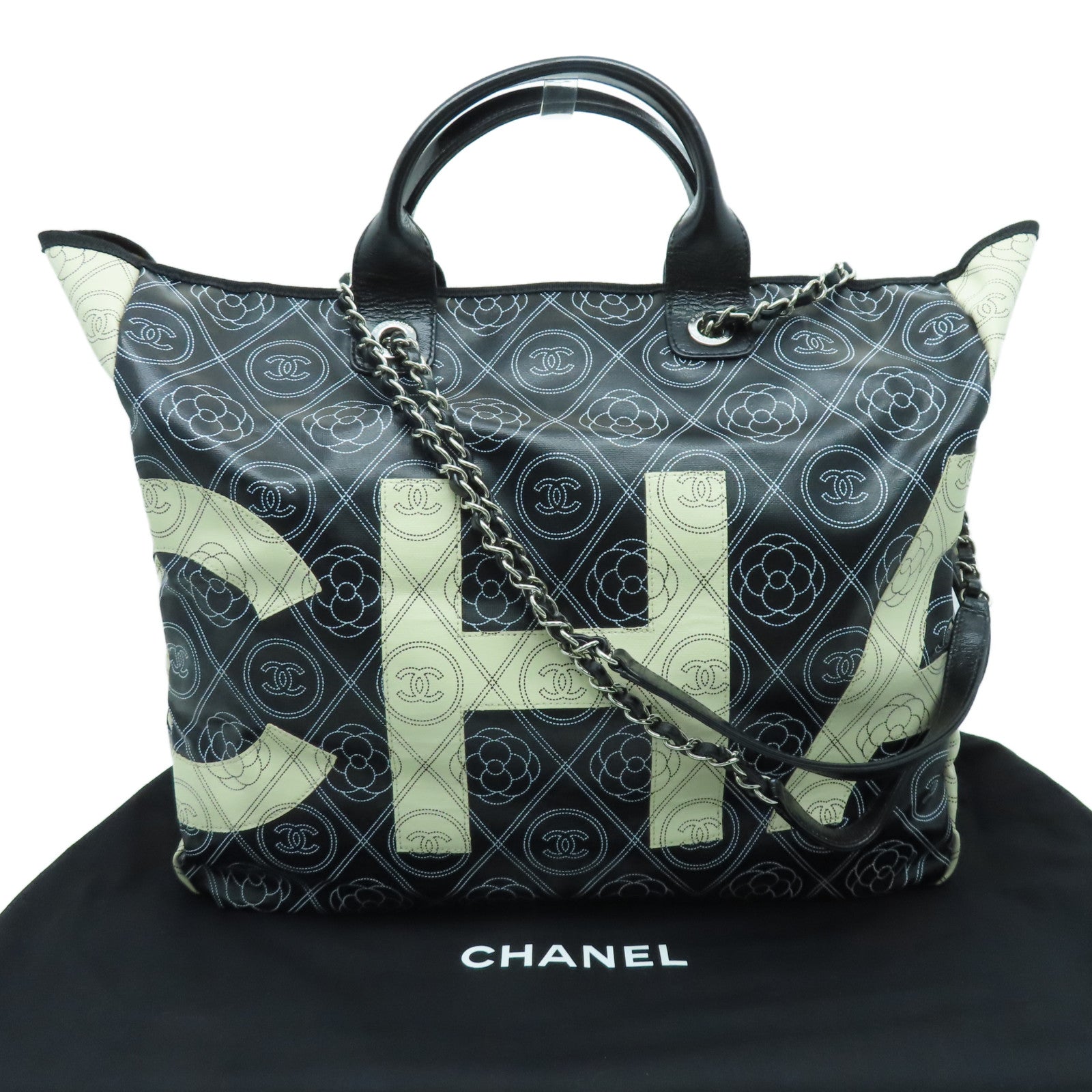 CHANEL 【激減優惠】PVC 2way Shoulder Bag銀扣手挽肩背兩用袋黑色白色
