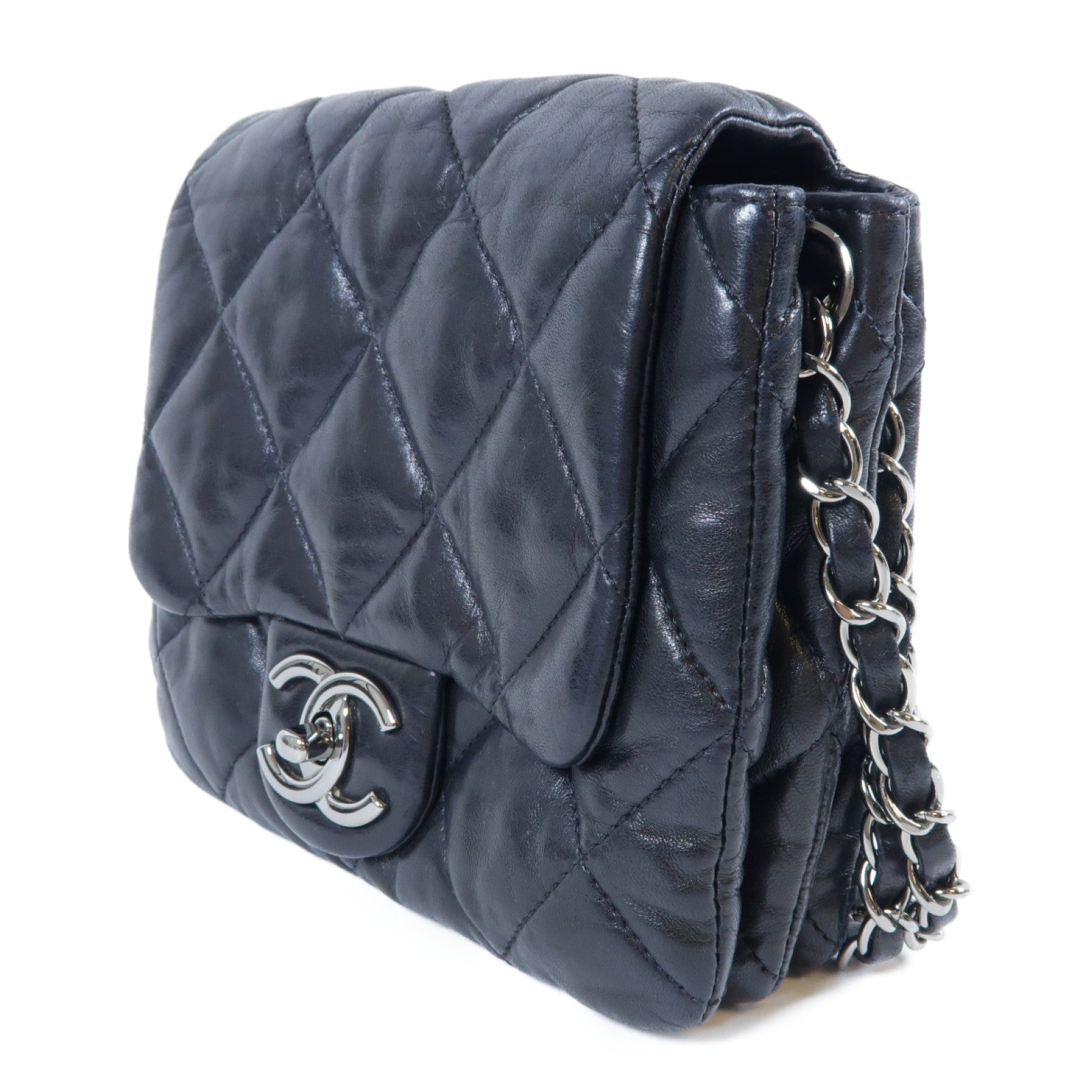 CHANEL 菱格牛皮皮革Chain Shoulder Bag銀扣鏈帶肩背袋黑色