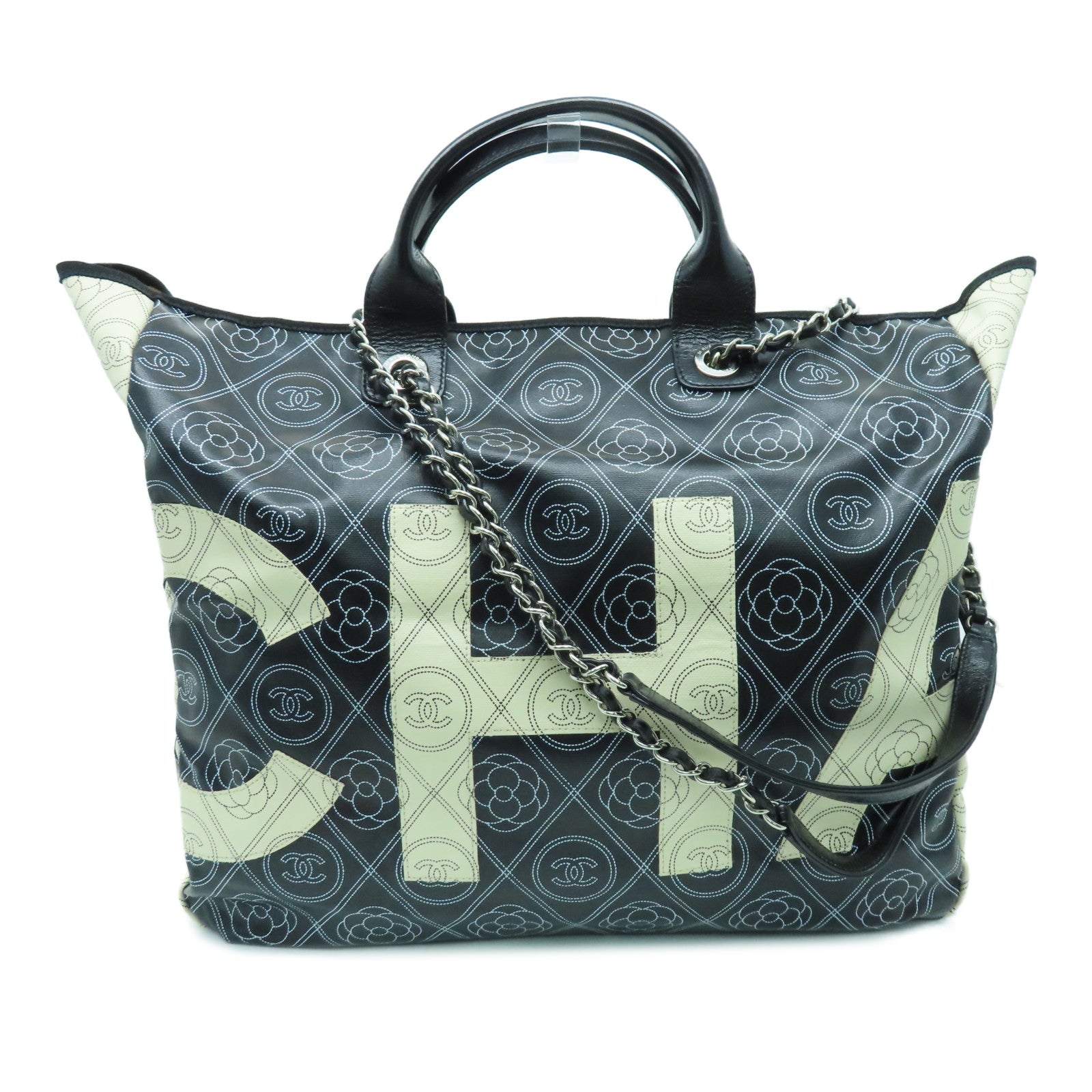 CHANEL 【激減優惠】PVC 2way Shoulder Bag銀扣手挽肩背兩用袋黑色白色