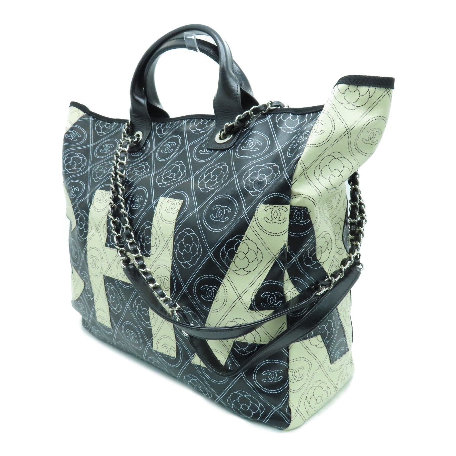 CHANEL 【激減優惠】PVC 2way Shoulder Bag銀扣手挽肩背兩用袋黑色白色