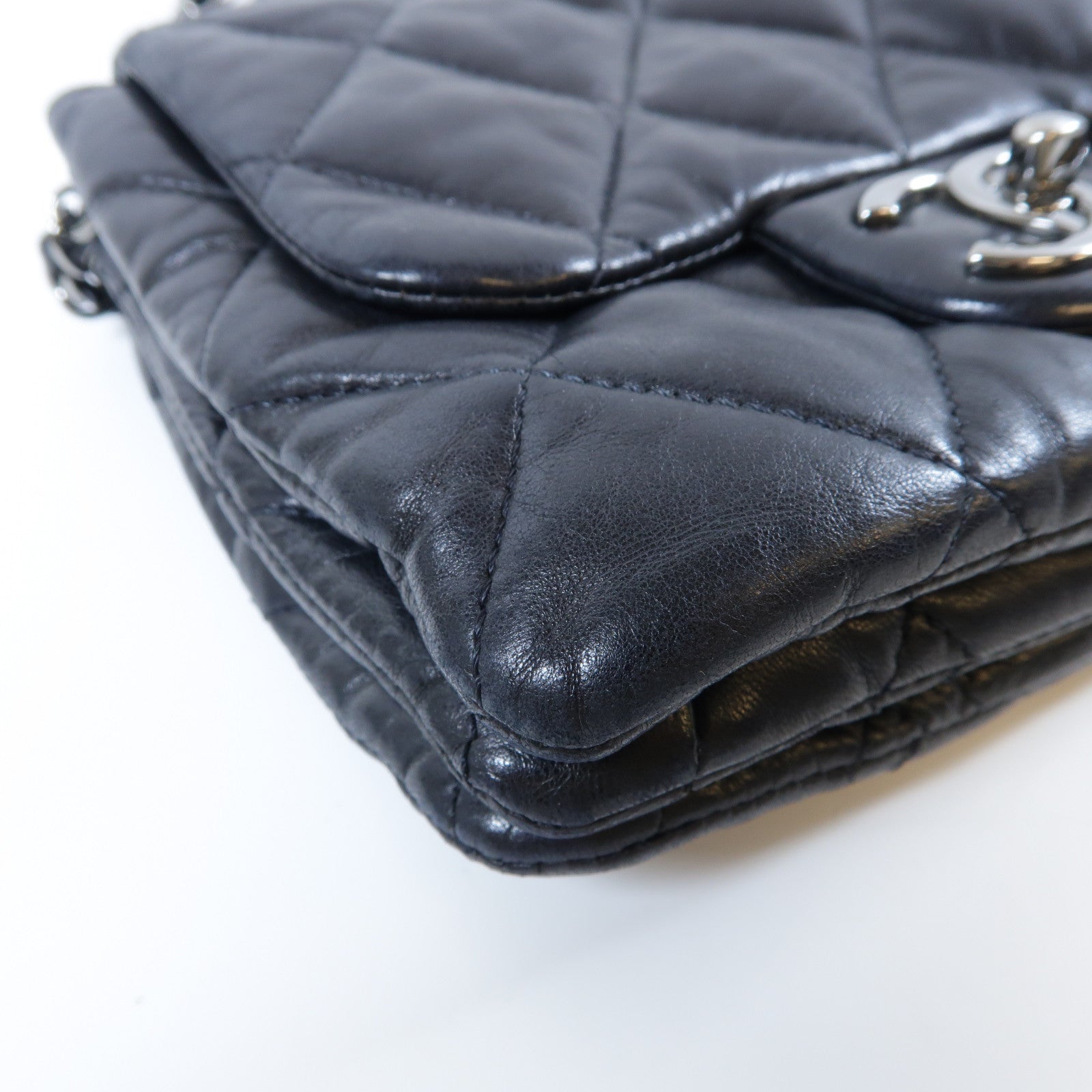 CHANEL 菱格牛皮皮革Chain Shoulder Bag銀扣鏈帶肩背袋黑色