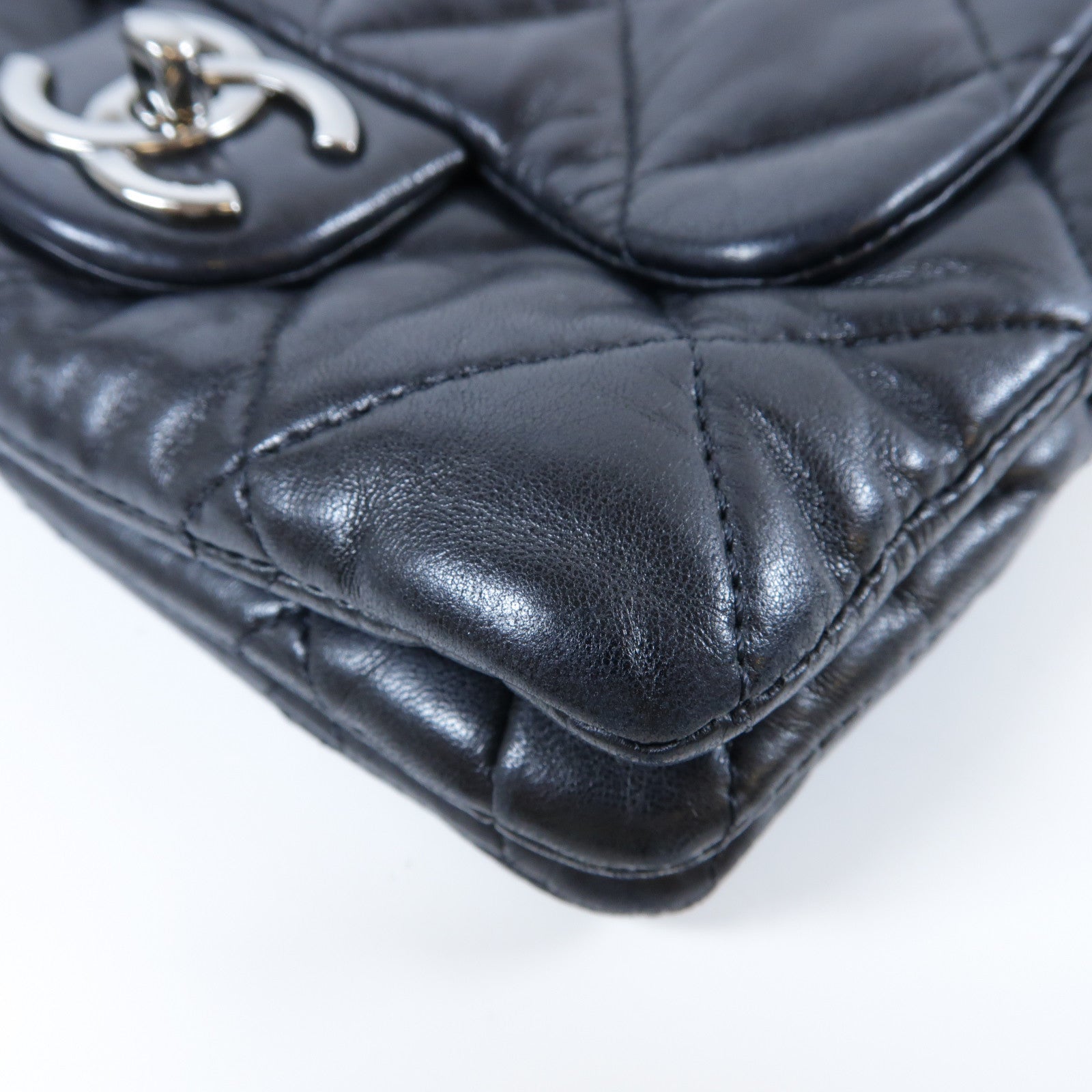 CHANEL 菱格牛皮皮革Chain Shoulder Bag銀扣鏈帶肩背袋黑色