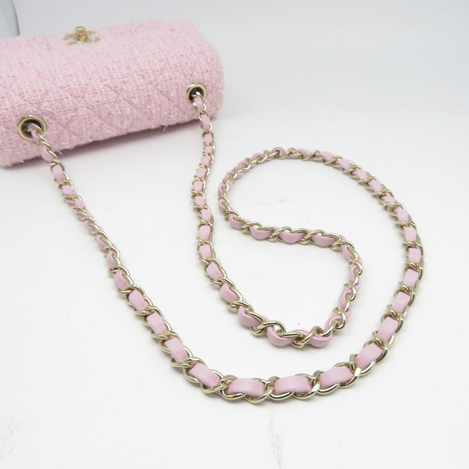 CHANEL 菱格粗花呢Classic 20cm金扣鏈帶肩背袋粉紅色