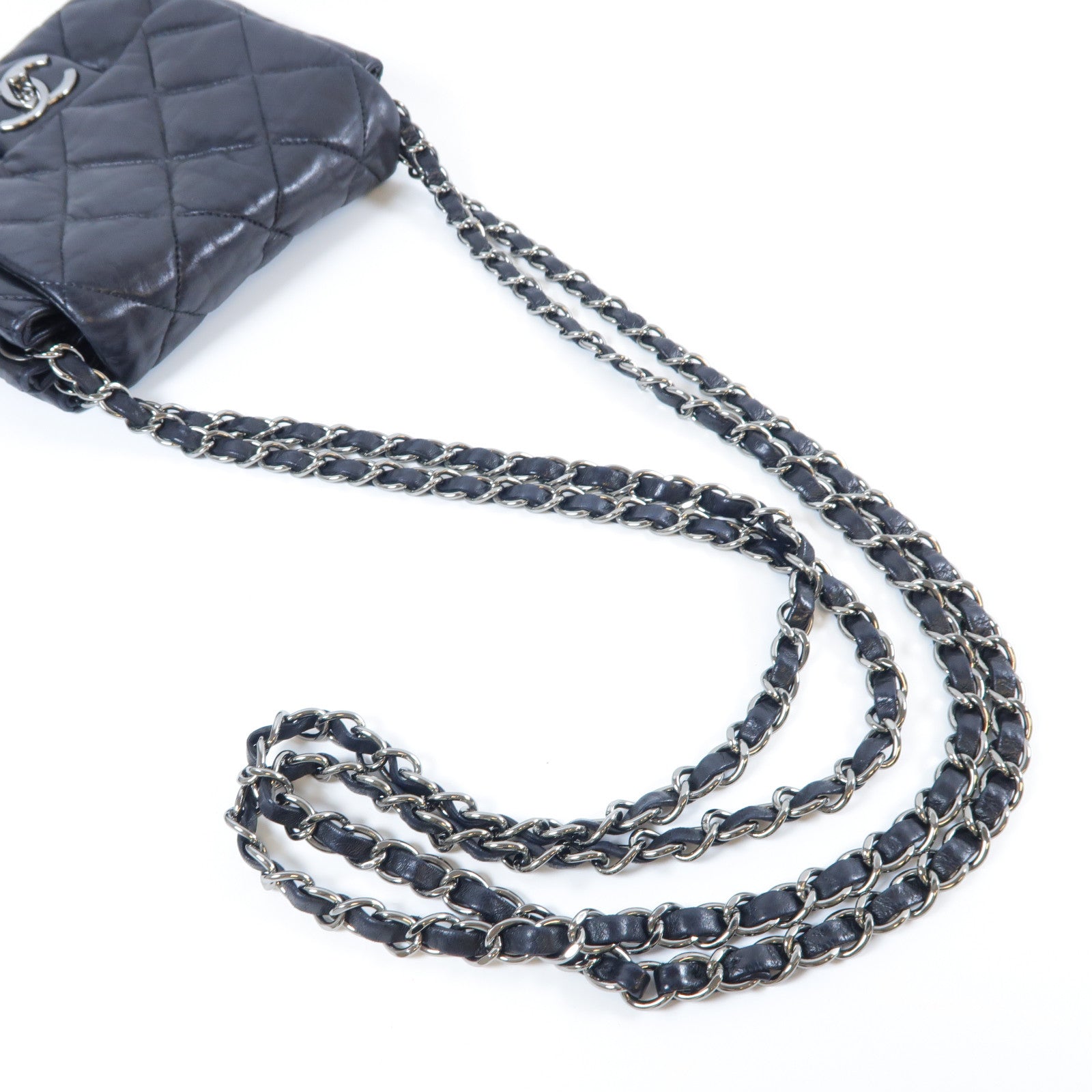 CHANEL 菱格牛皮皮革Chain Shoulder Bag銀扣鏈帶肩背袋黑色