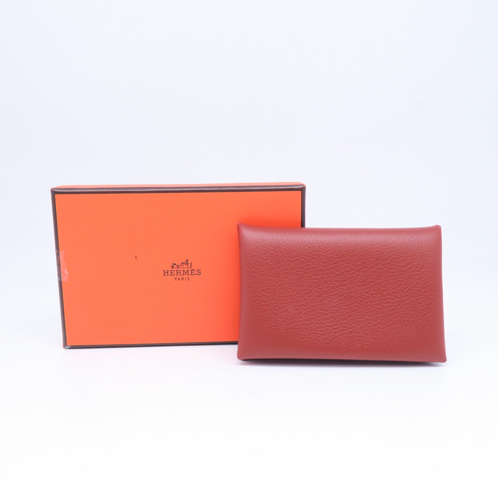 HERMES Evercolor皮革Calvi卡片套銀扣紅銅色