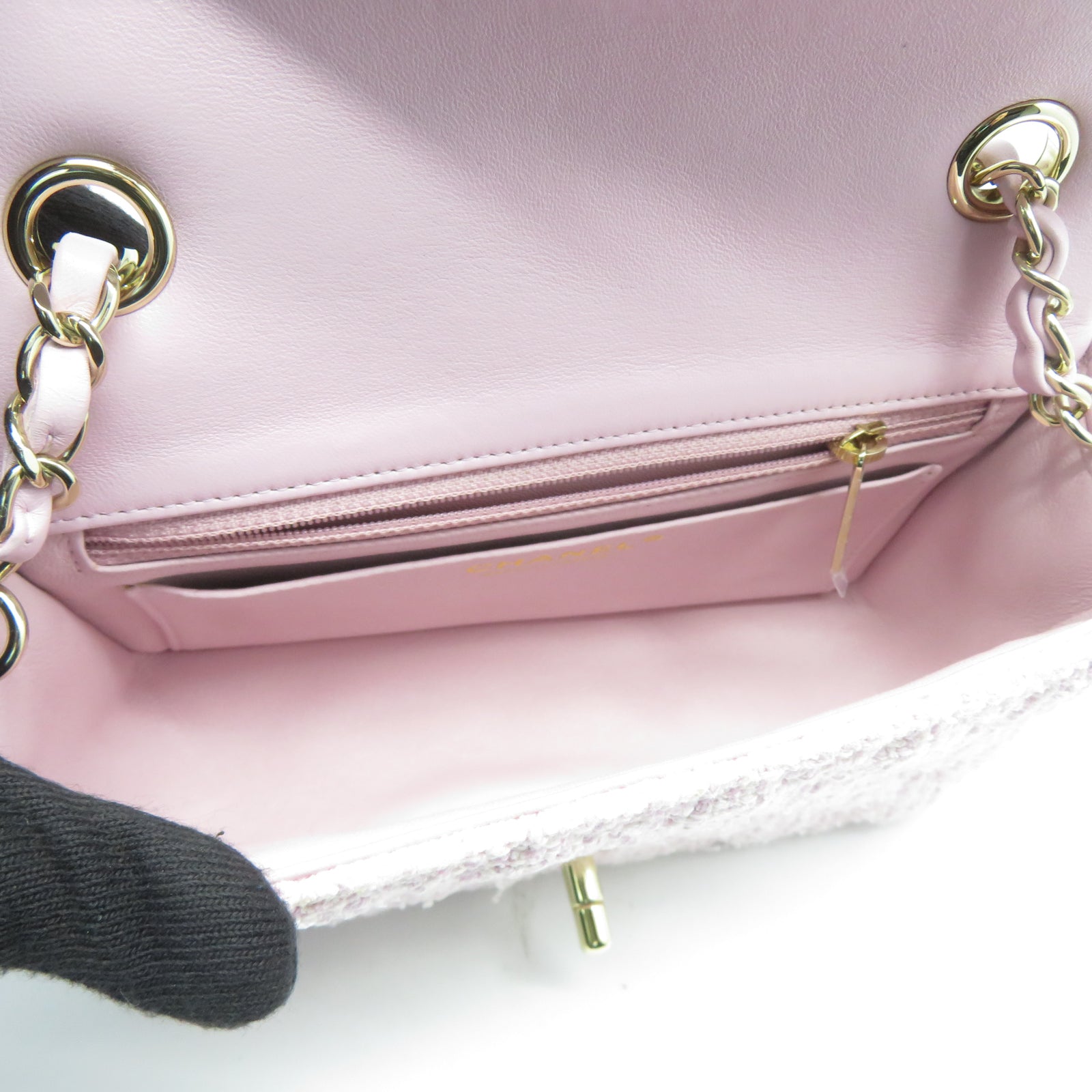 CHANEL 菱格粗花呢Classic 20cm金扣鏈帶肩背袋粉紅色
