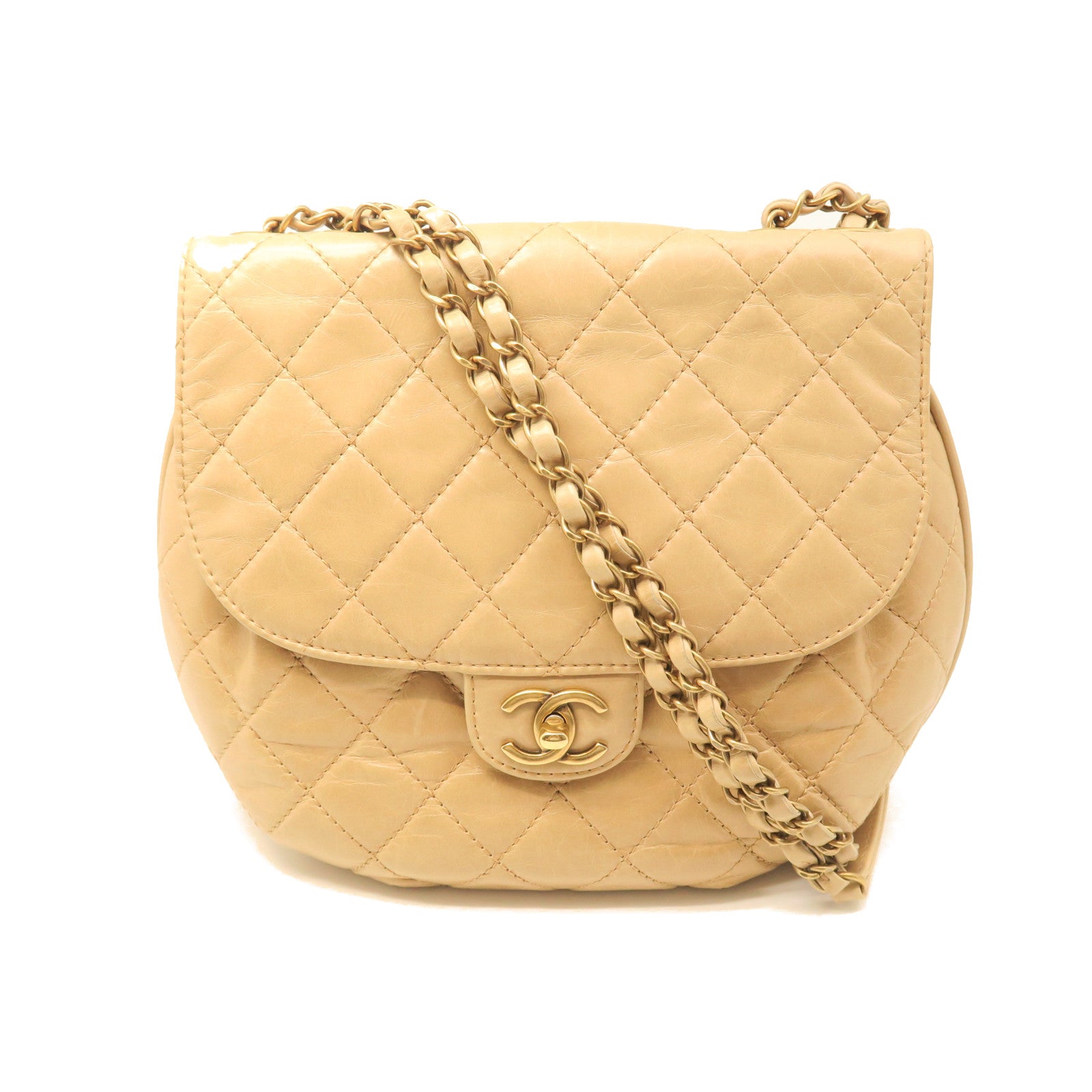 CHANEL rhombic cowhide leather Chain Shoulder silver buckle chain shoulder bag beige