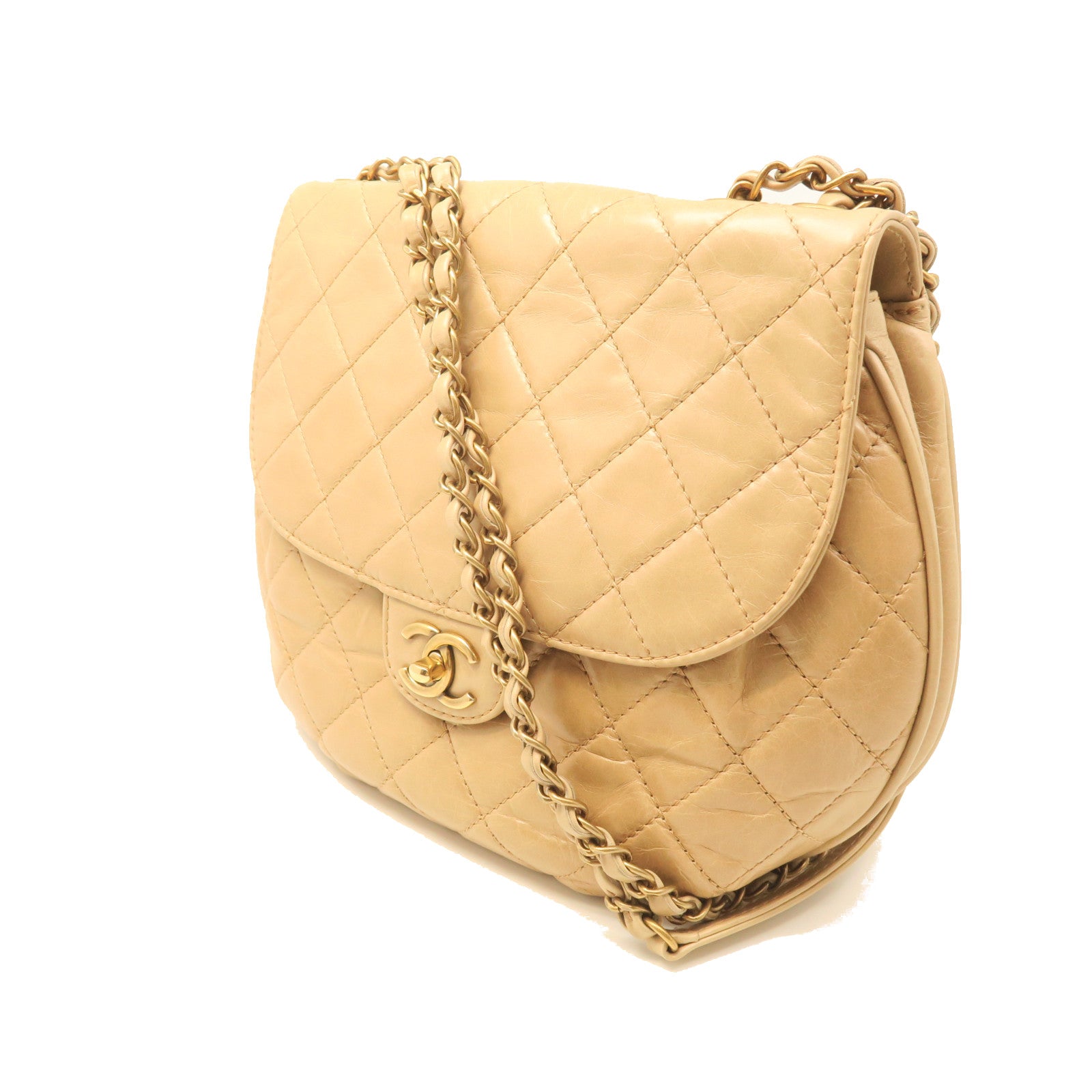 CHANEL rhombic cowhide leather Chain Shoulder silver buckle chain shoulder bag beige