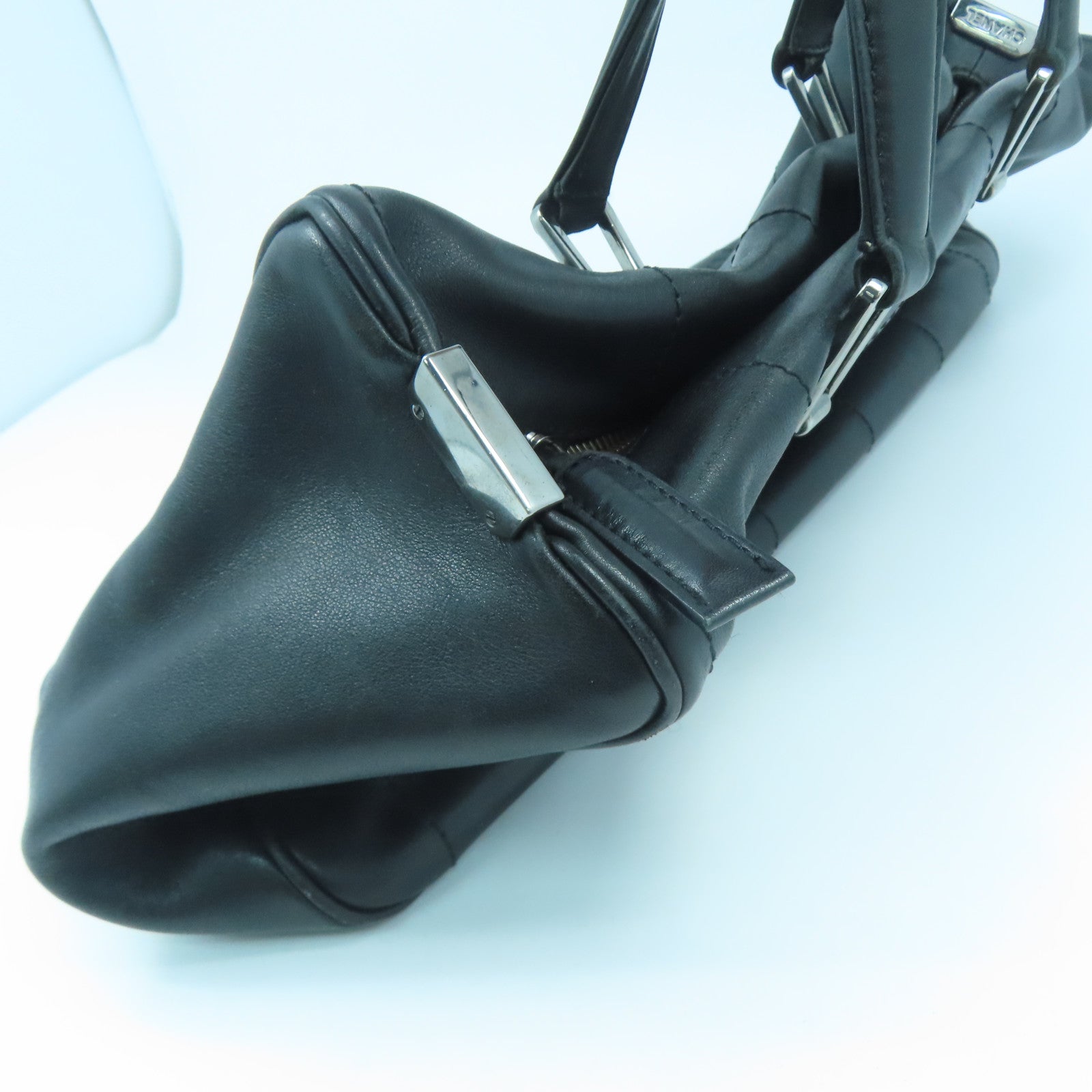 CHANEL cowhide leather Handbag silver buckle handle bag black