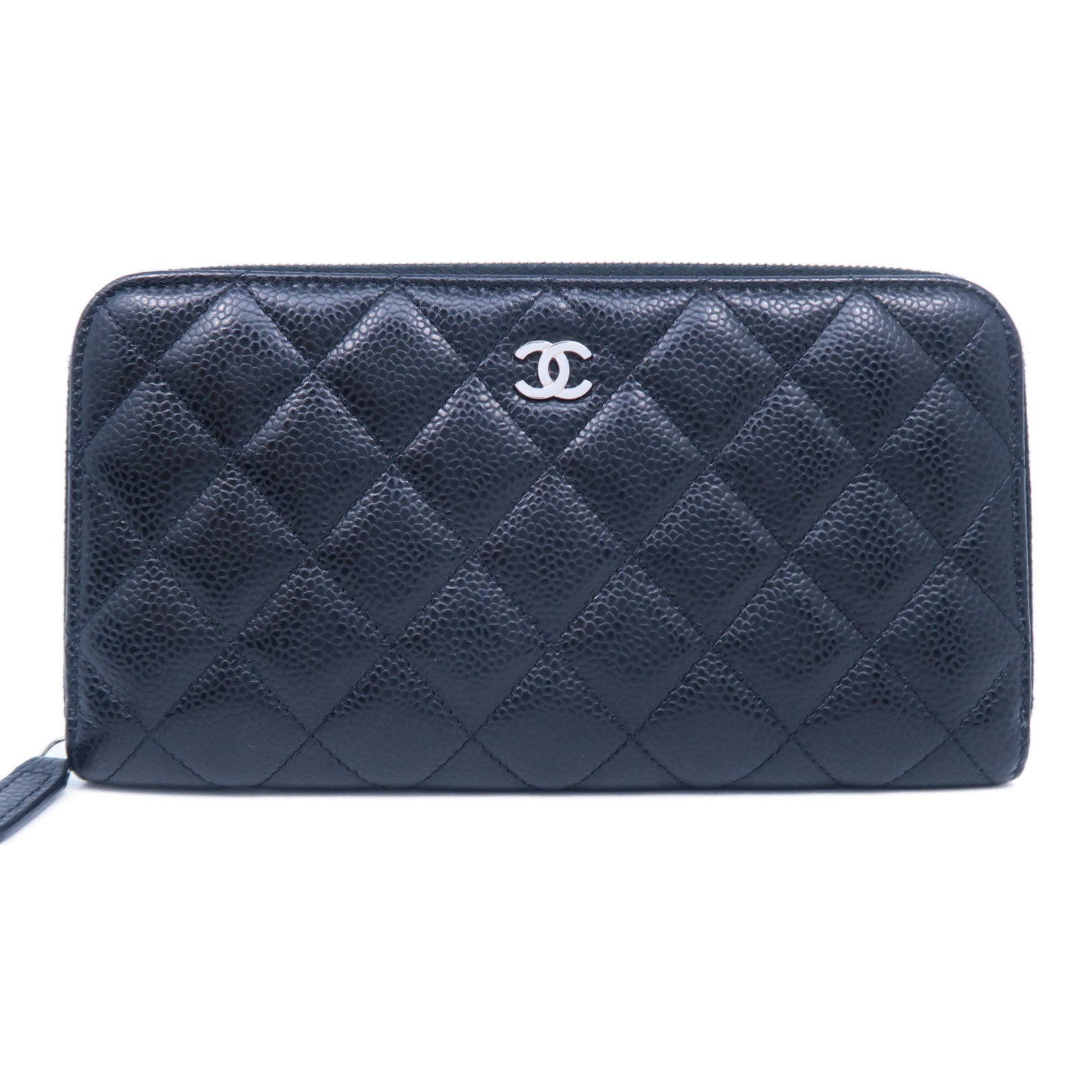 CHANEL 菱格Caviar皮革Zipper Long Wallet銀扣長錢包黑色