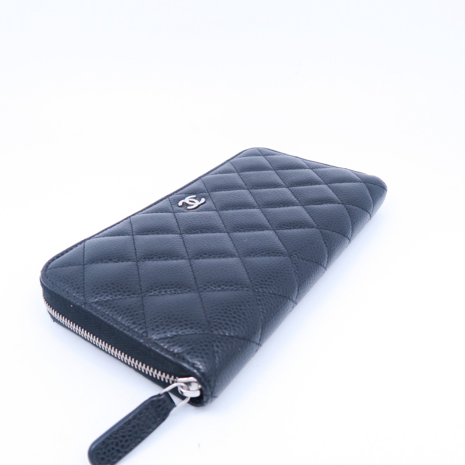 CHANEL 菱格Caviar皮革Zipper Long Wallet銀扣長錢包黑色