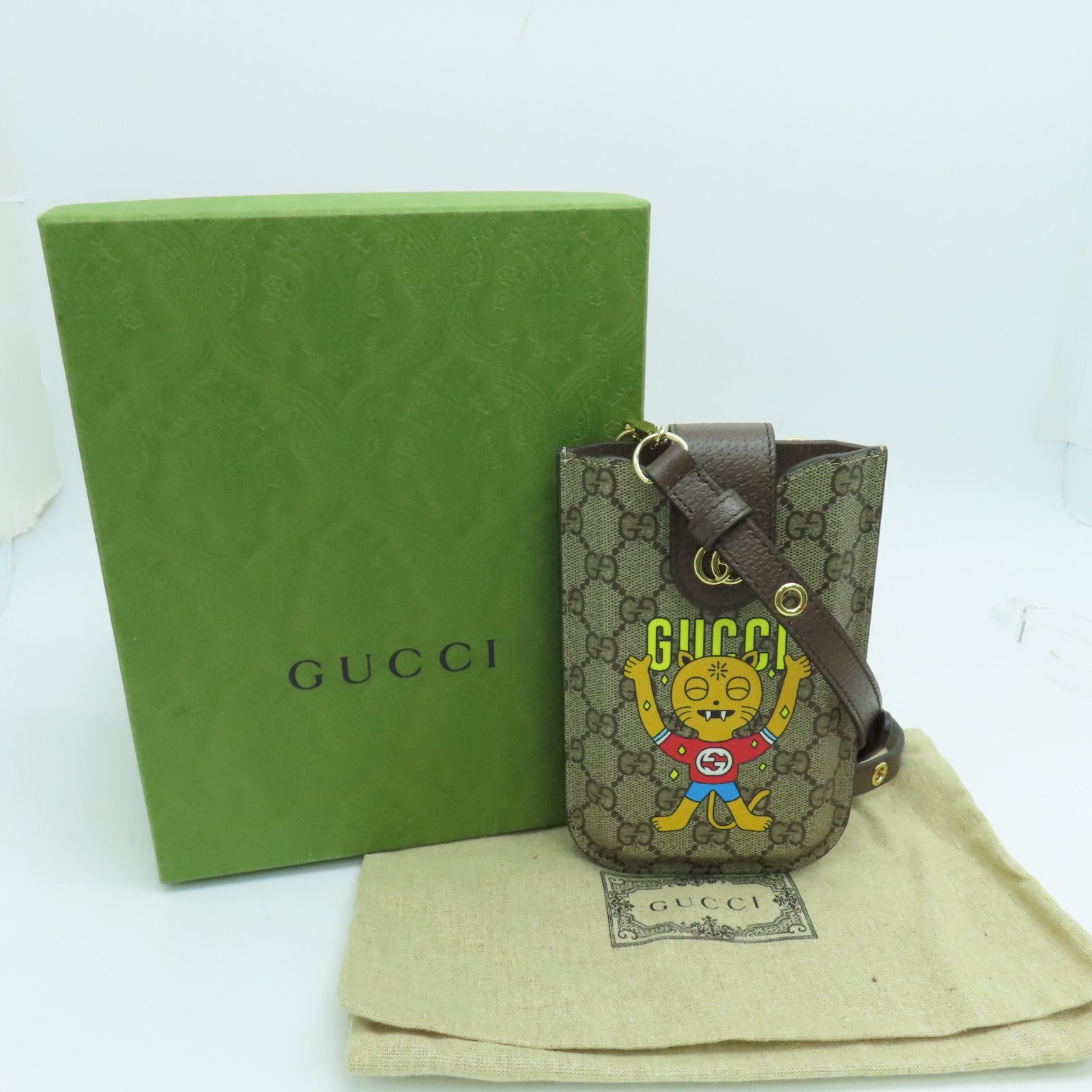 GUCCI Coated Canvas Phone Case Gold Buckle Brown