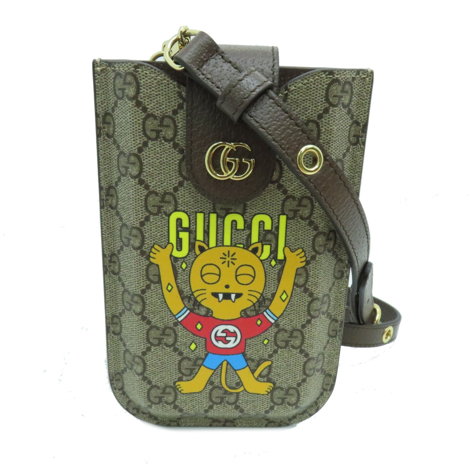 GUCCI Coated Canvas Phone Case Gold Buckle Brown