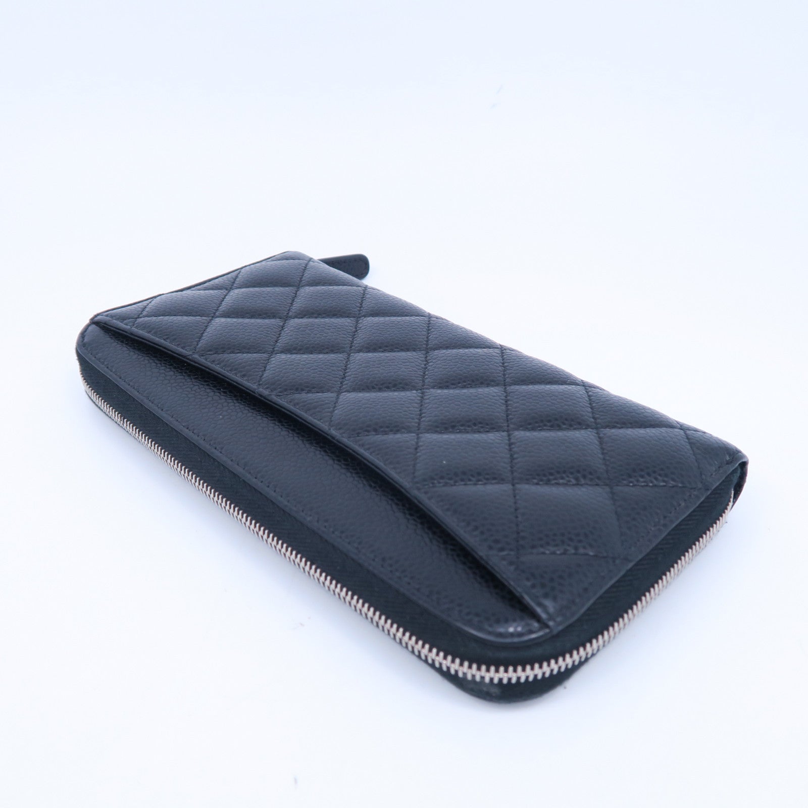 CHANEL 菱格Caviar皮革Zipper Long Wallet銀扣長錢包黑色