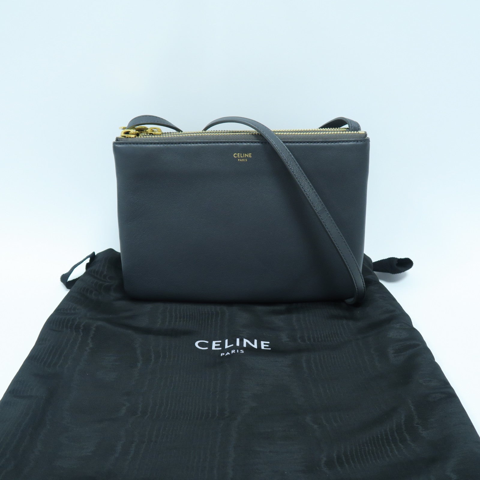 CELINE 羊皮皮革Trio Bag金扣肩背袋灰色