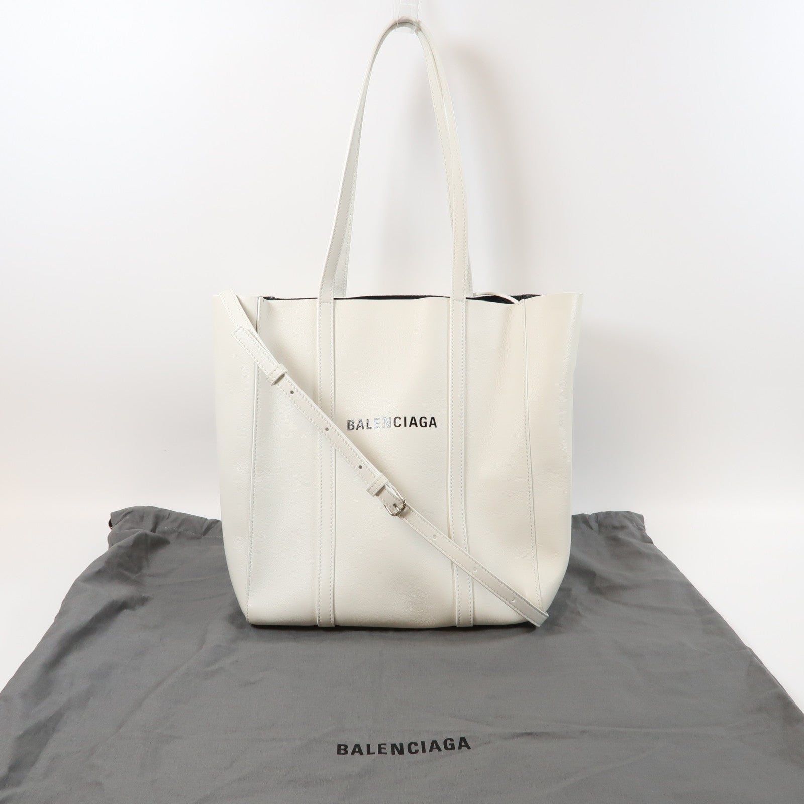 BALENCIAGA 牛皮皮革Tote Bag銀扣手挽肩背兩用袋白色