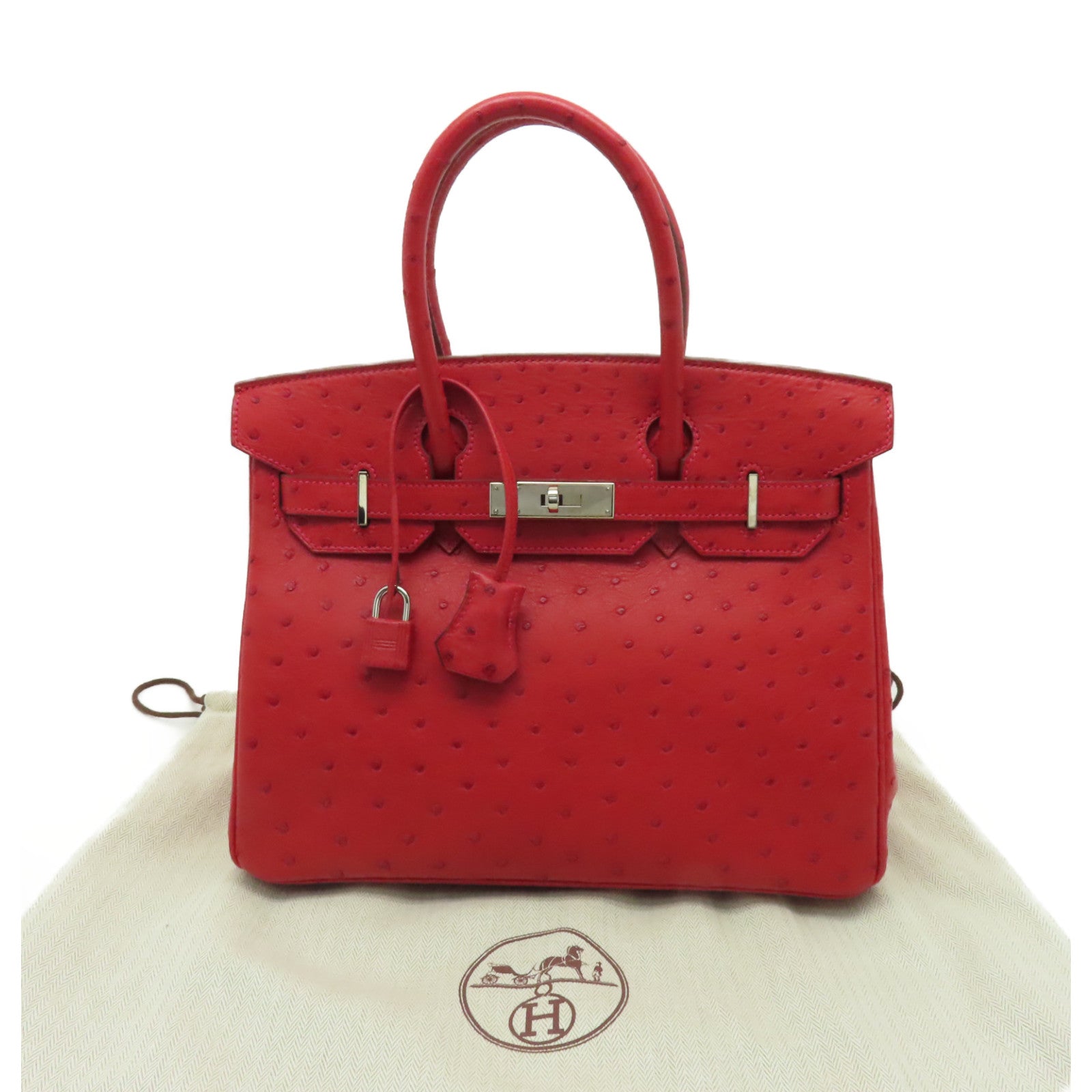 HERMES 鴕鳥皮革Birkin 30銀扣手挽袋紅色