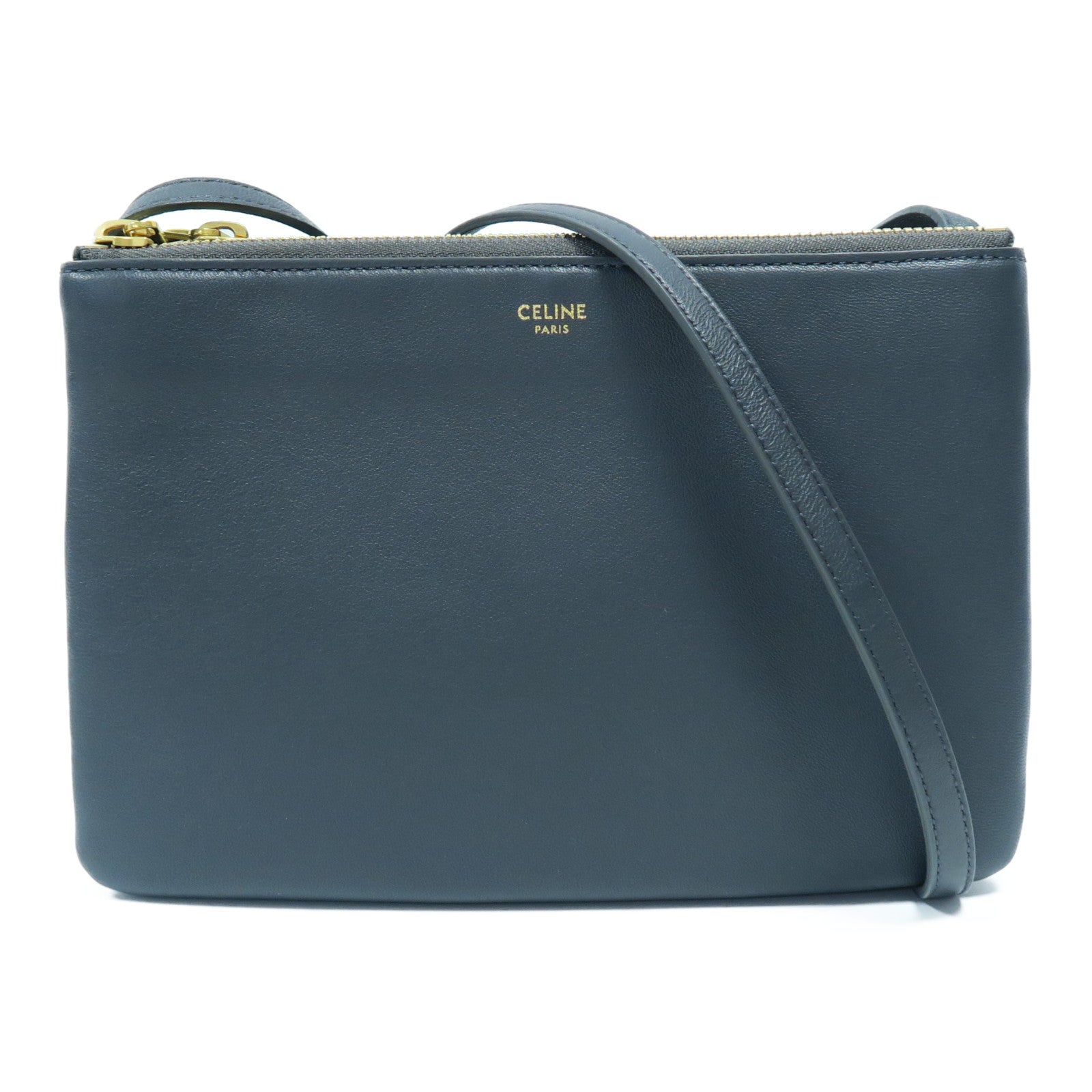 CELINE 羊皮皮革Trio Bag金扣肩背袋灰色