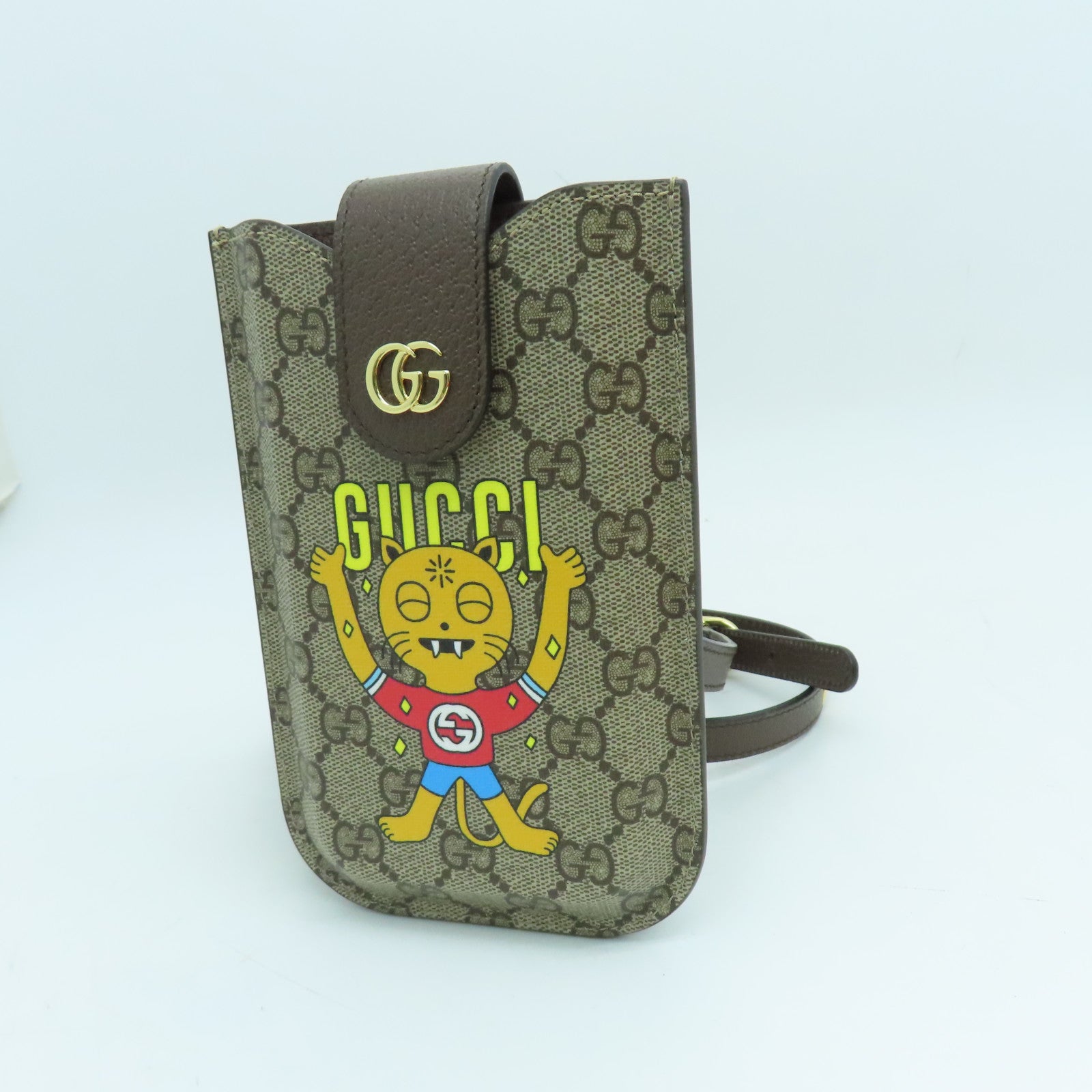 GUCCI Coated Canvas Phone Case Gold Buckle Brown