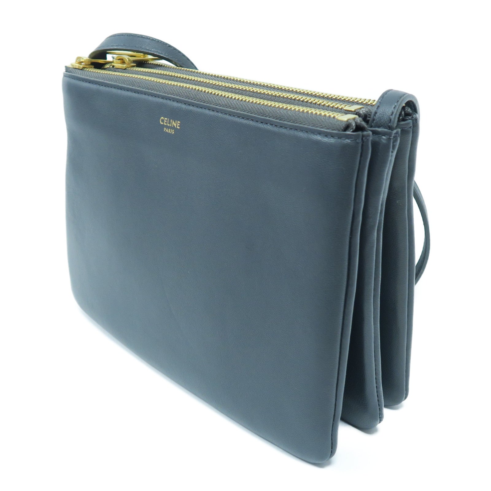 CELINE 羊皮皮革Trio Bag金扣肩背袋灰色