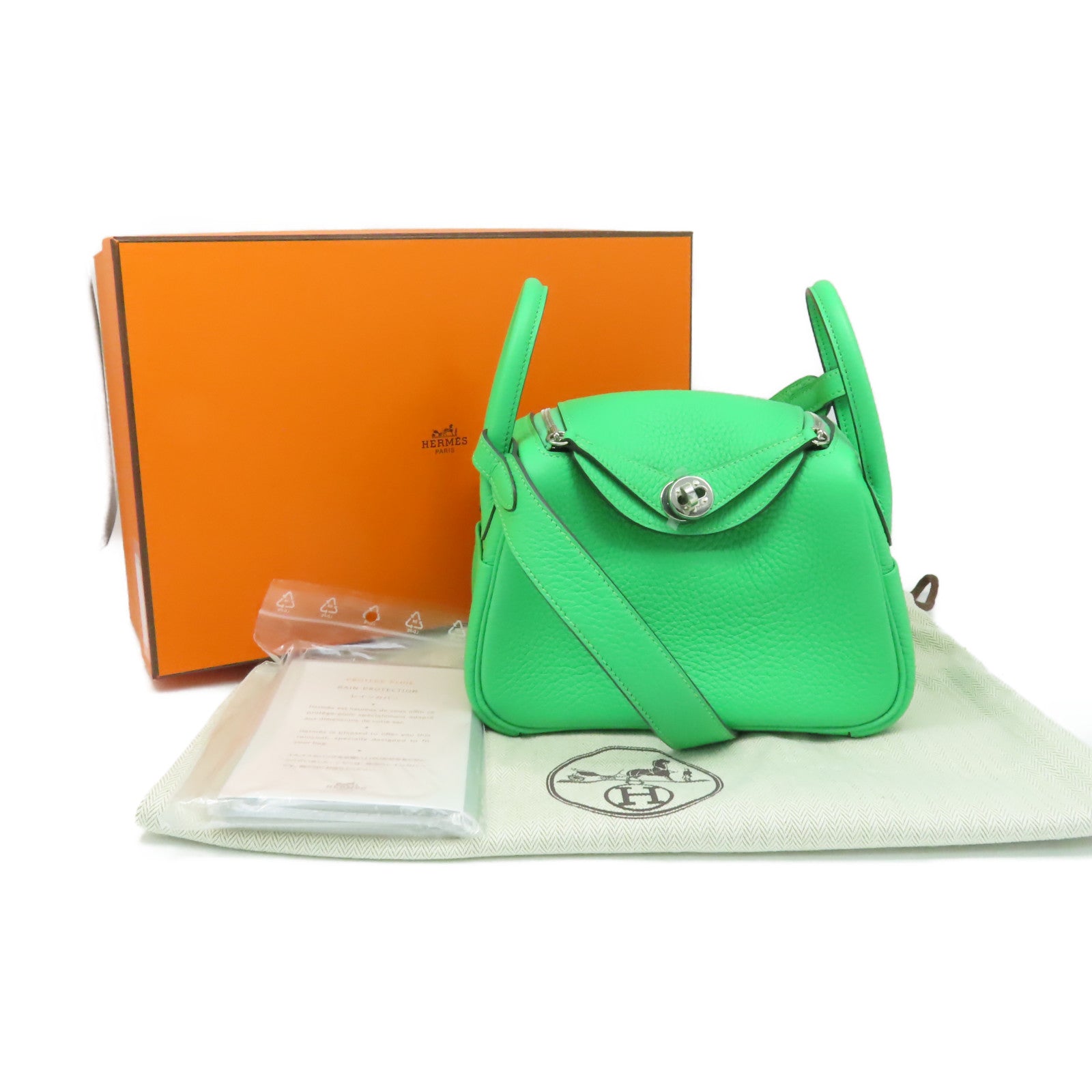 HERMES Clemence皮革Mini Lindy Shoulder Bag銀扣肩背袋Vert Comics/漫畫綠色