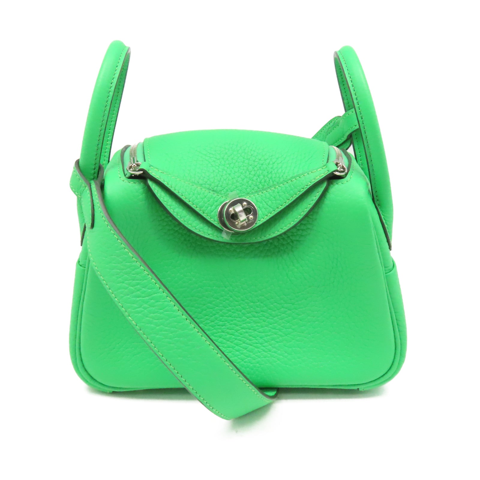 HERMES Clemence皮革Mini Lindy Shoulder Bag銀扣肩背袋Vert Comics/漫畫綠色