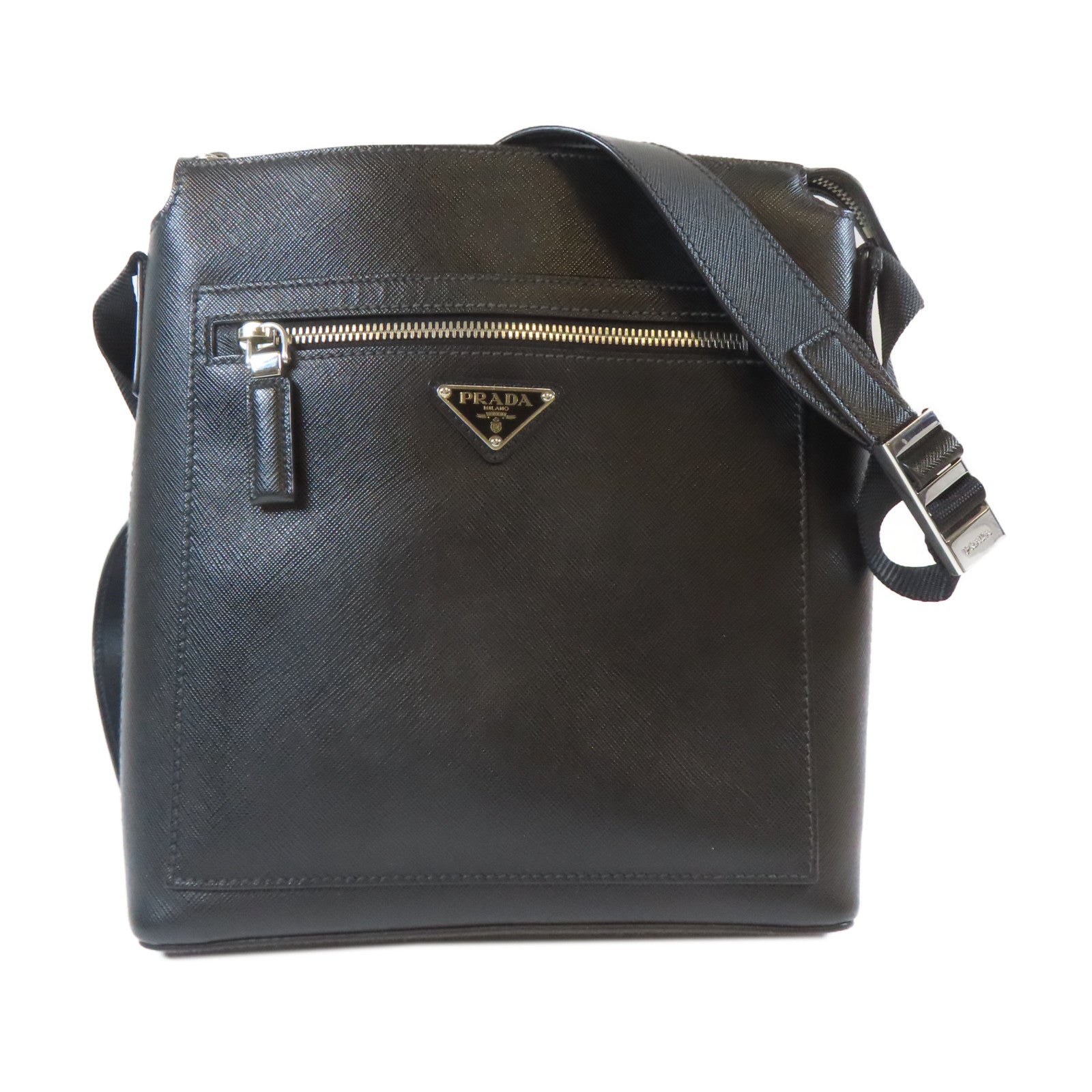 PRADA 牛皮皮革Shoulder Bag銀扣肩背袋黑色