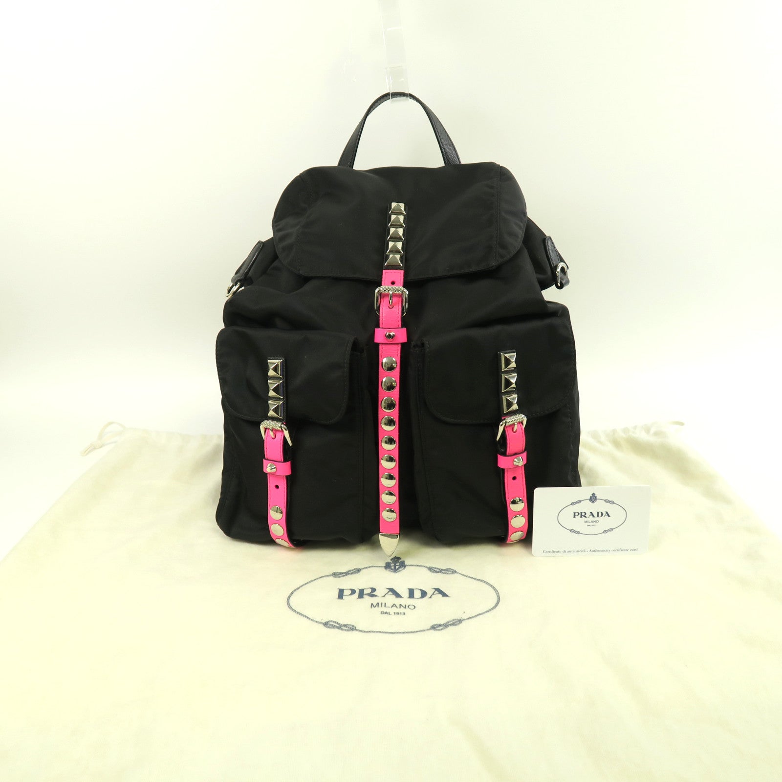 PRADA 尼龍Backpack銀扣背包黑色/粉紅色