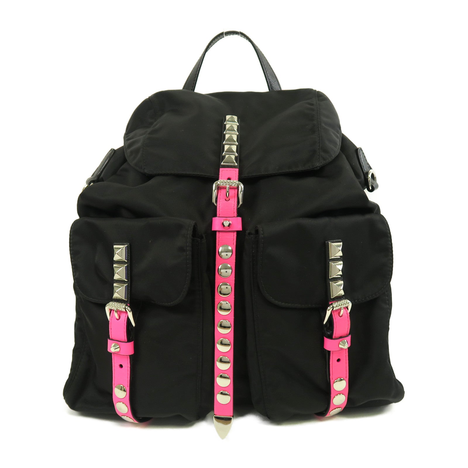 PRADA 尼龍Backpack銀扣背包黑色/粉紅色