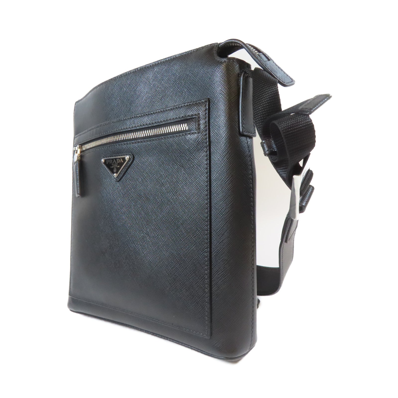 PRADA 牛皮皮革Shoulder Bag銀扣肩背袋黑色