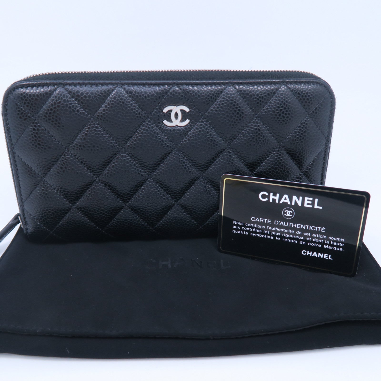 CHANEL 菱格Caviar皮革Zipper Long Wallet銀扣長錢包黑色
