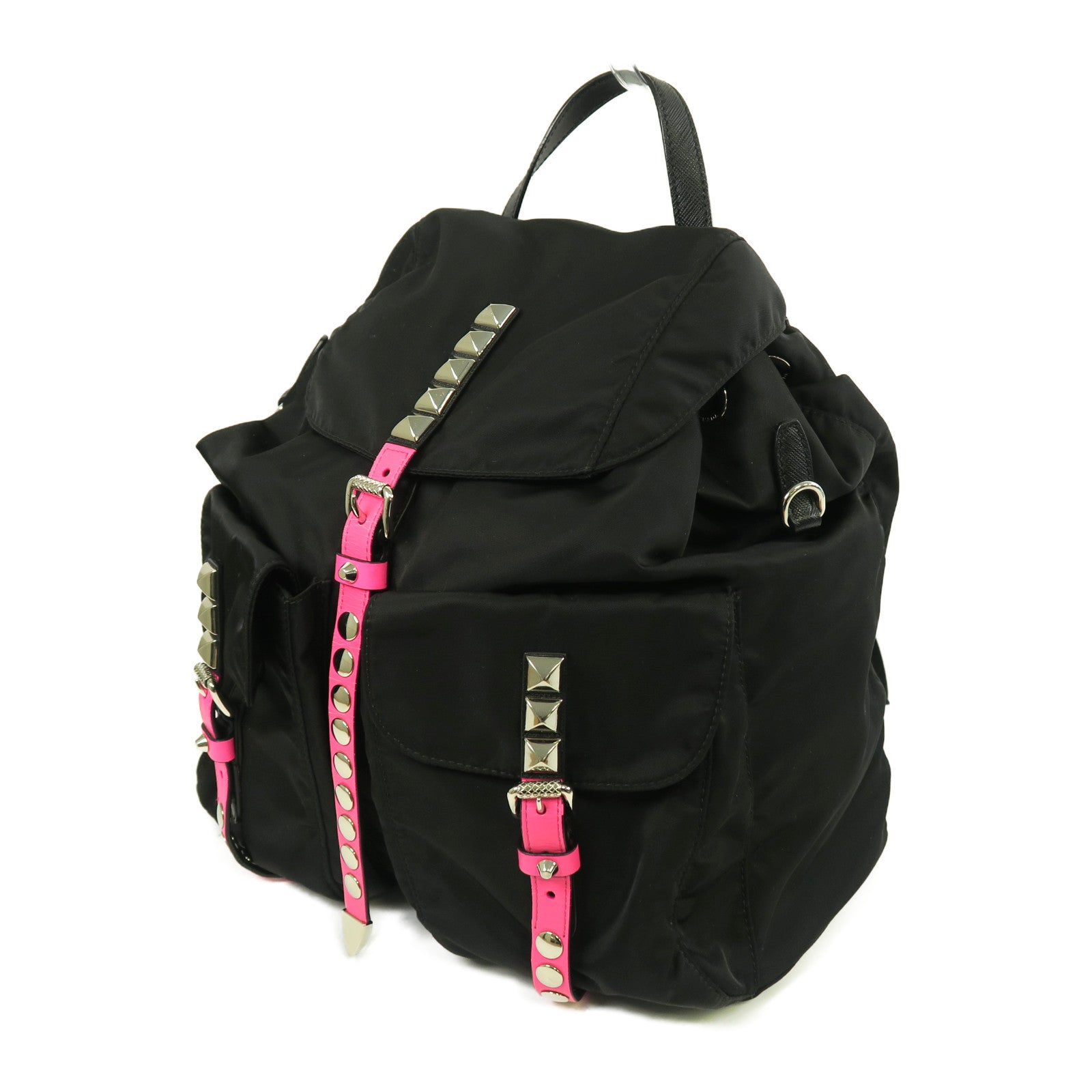 PRADA 尼龍Backpack銀扣背包黑色/粉紅色