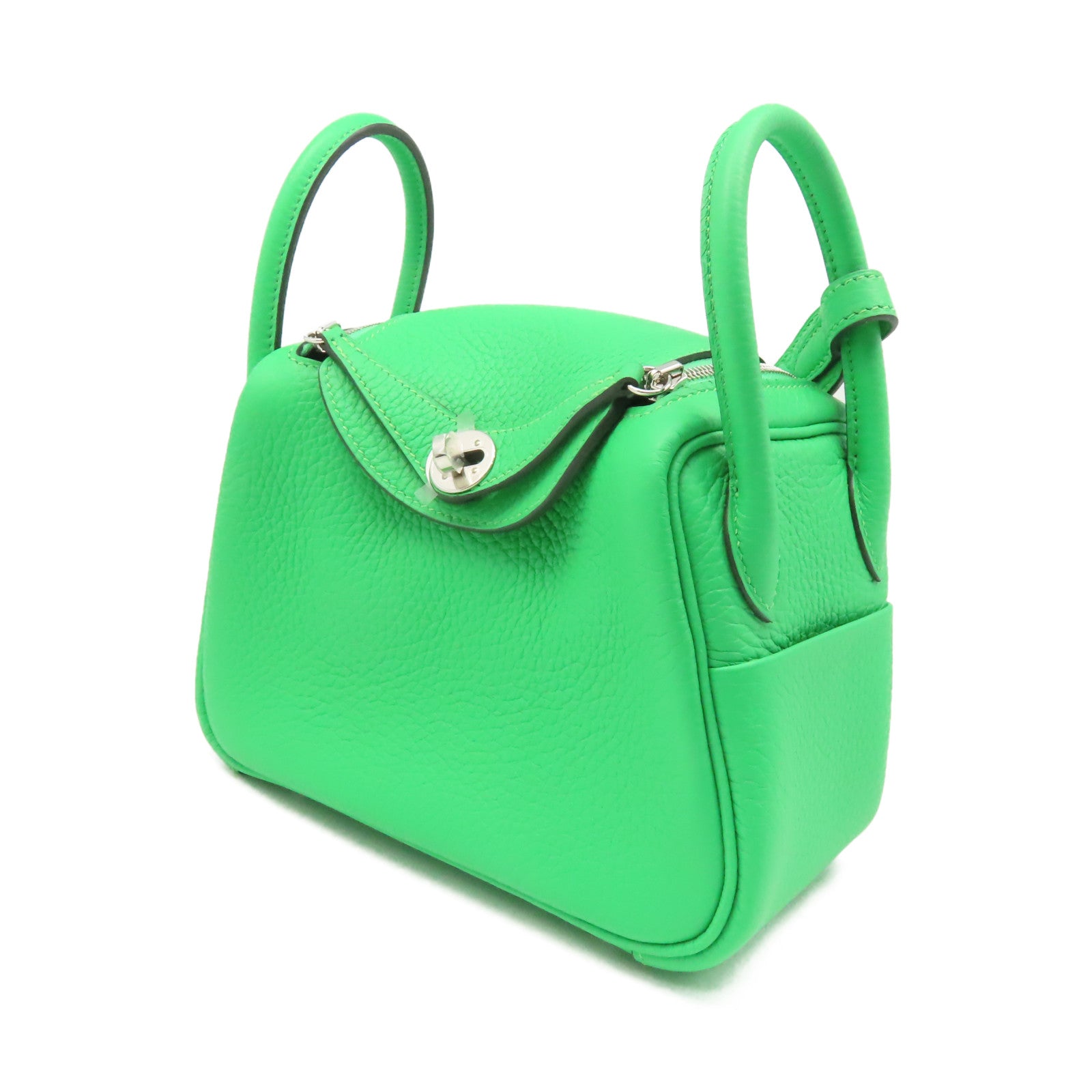 HERMES Clemence皮革Mini Lindy Shoulder Bag銀扣肩背袋Vert Comics/漫畫綠色