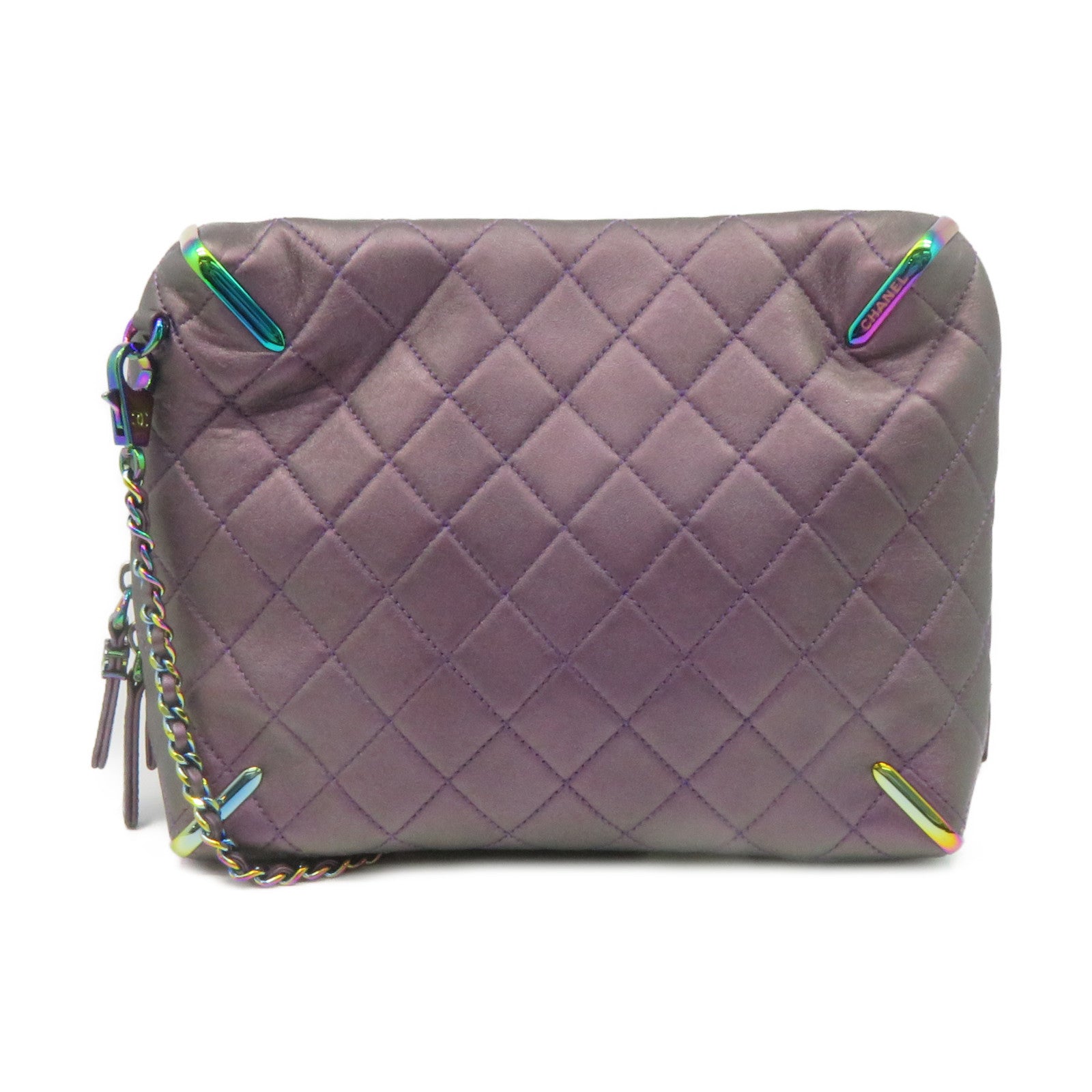 CHANEL 菱格牛皮皮革Chain Shoulder Bag银扣链带肩背袋紫色