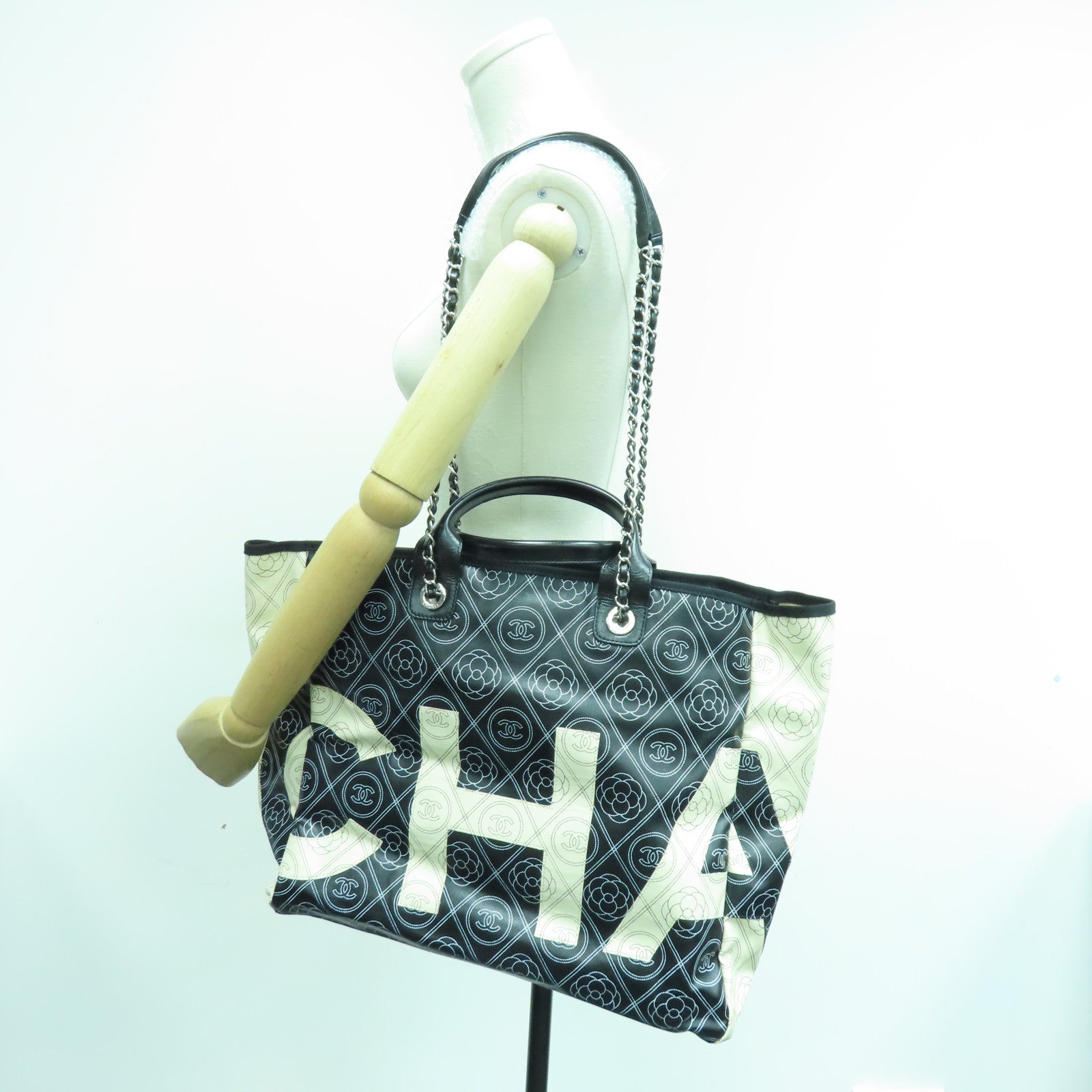 CHANEL 【激減優惠】PVC 2way Shoulder Bag銀扣手挽肩背兩用袋黑色白色