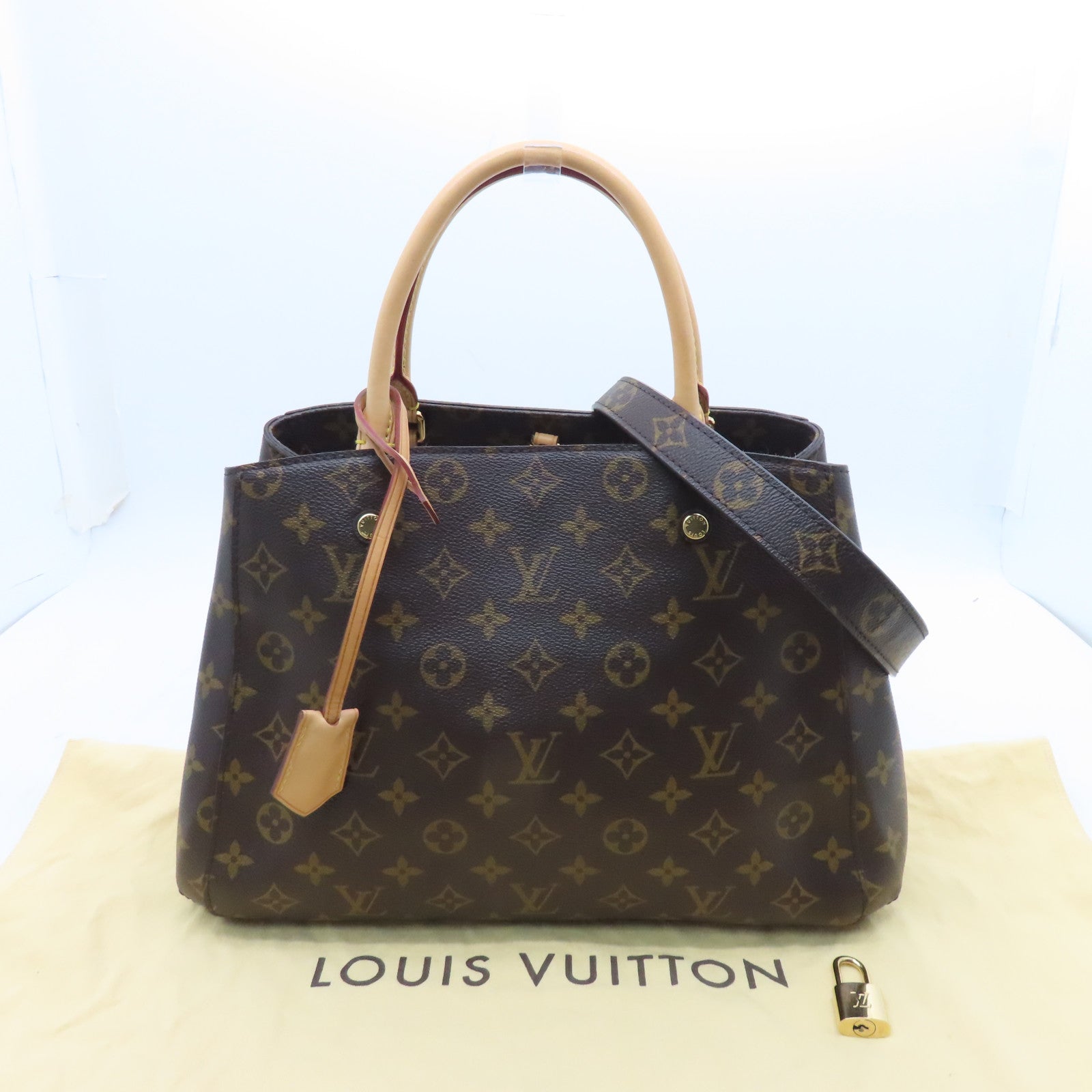 LOUIS VUITTON Monogram Montaigne MM gold buckle handle shoulder bag brown