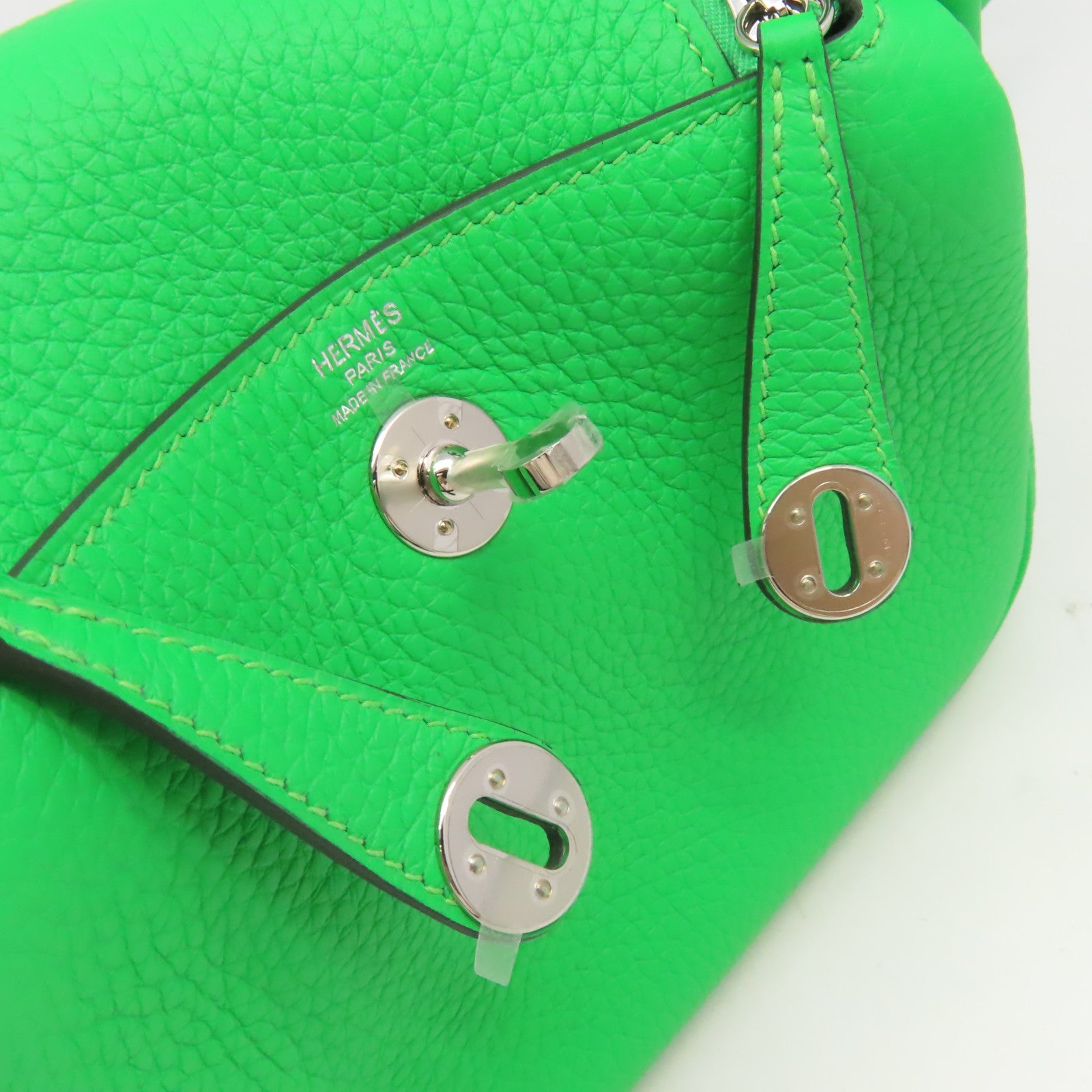 HERMES Clemence皮革Mini Lindy Shoulder Bag銀扣肩背袋Vert Comics/漫畫綠色