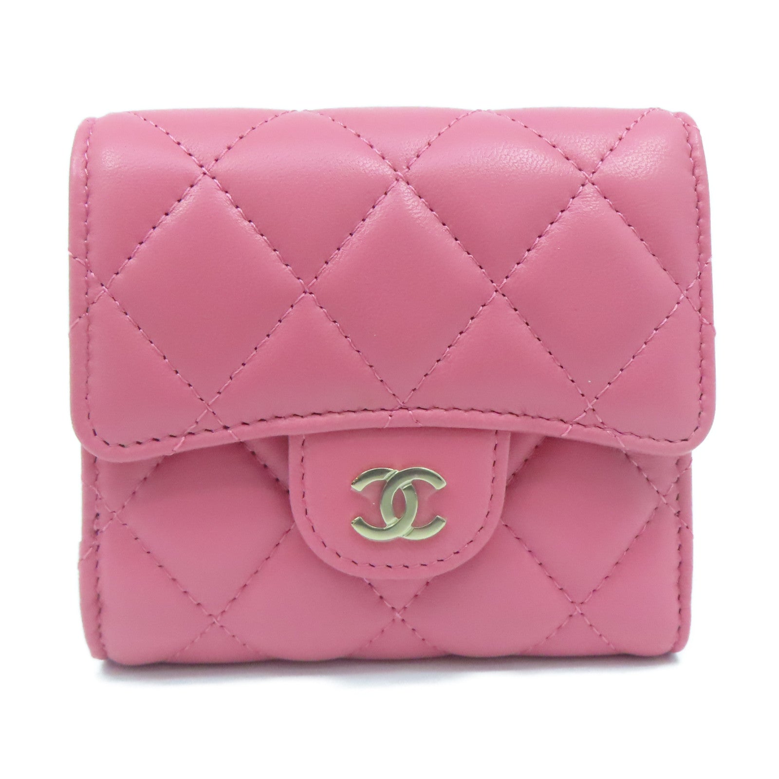 CHANEL 菱格羊皮皮革Wallet金扣钱包粉红色