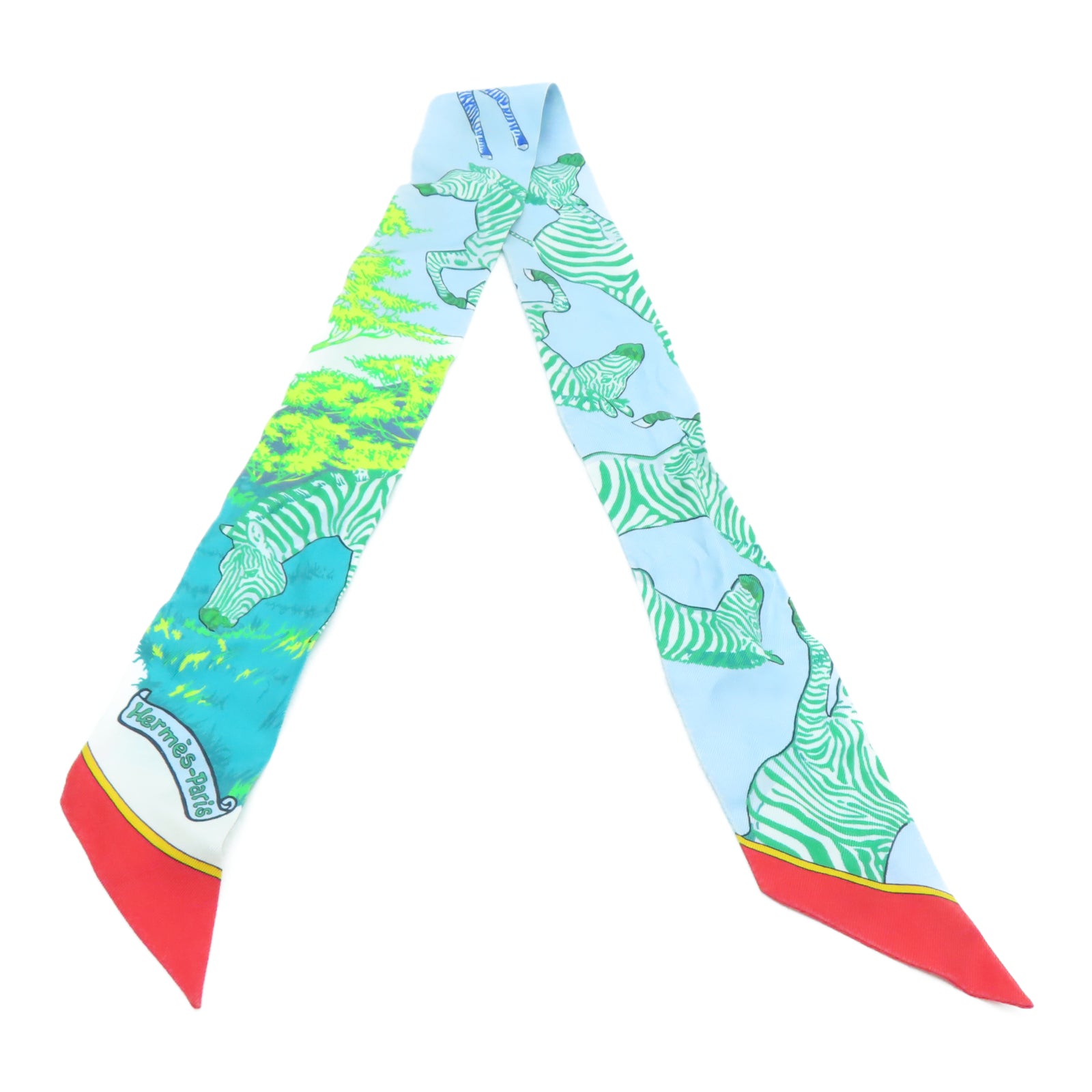 HERMES 絲質Twilly絲巾藍色/綠色