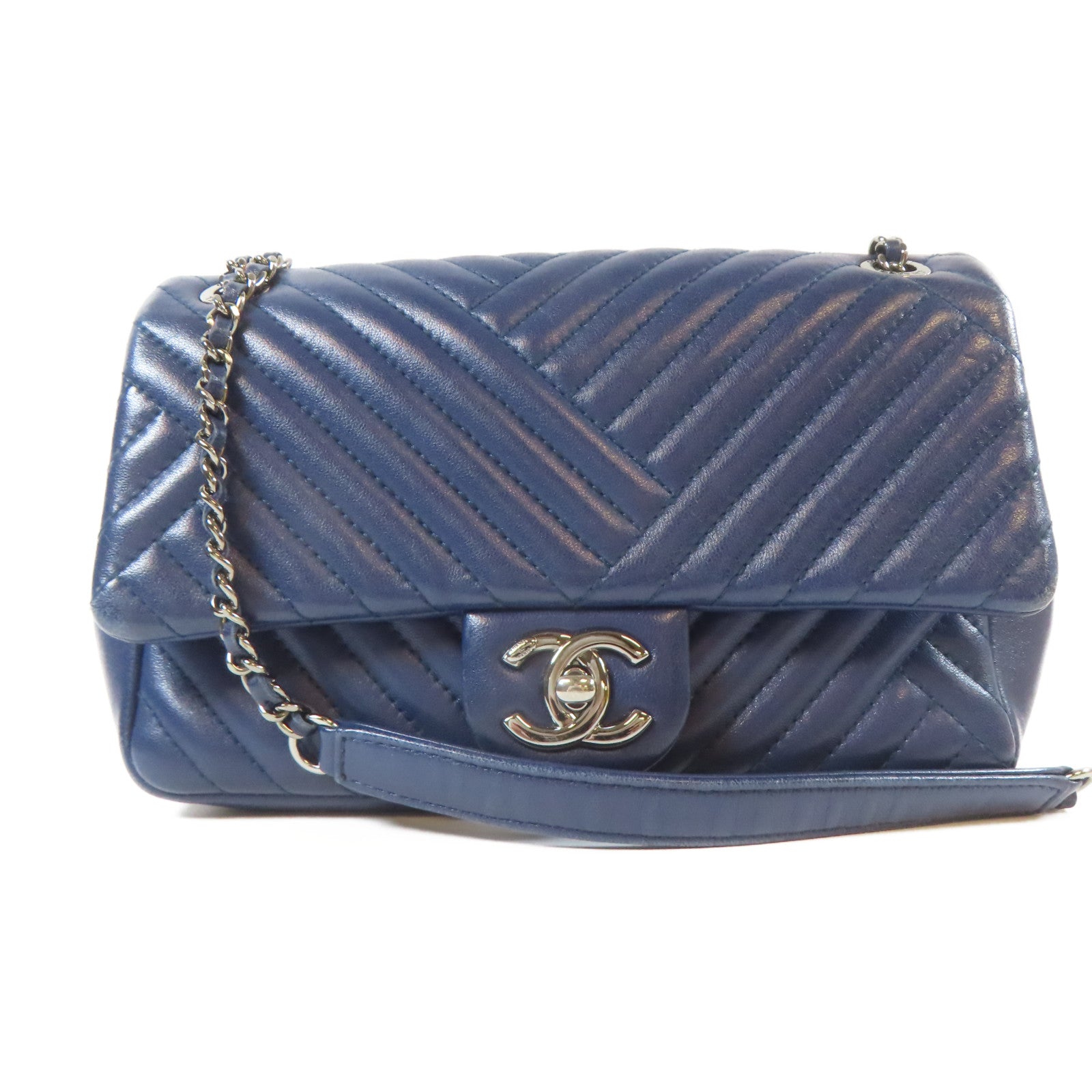 CHANEL 斜紋羊皮皮革Chain Shoulder銀扣鏈帶肩背袋藍色