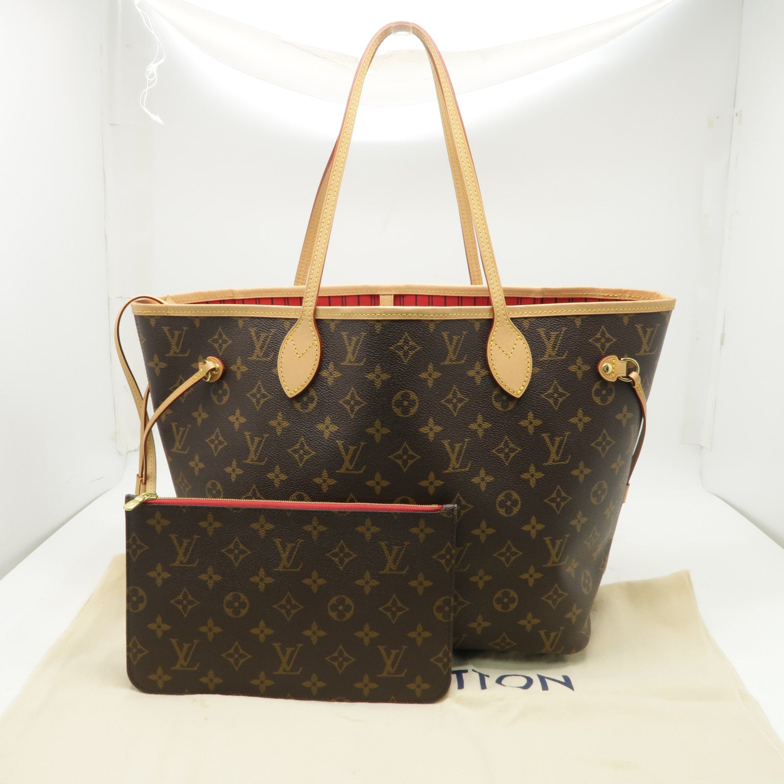 LOUIS VUITTON Monogram Neverfull MM金扣手挽袋啡色